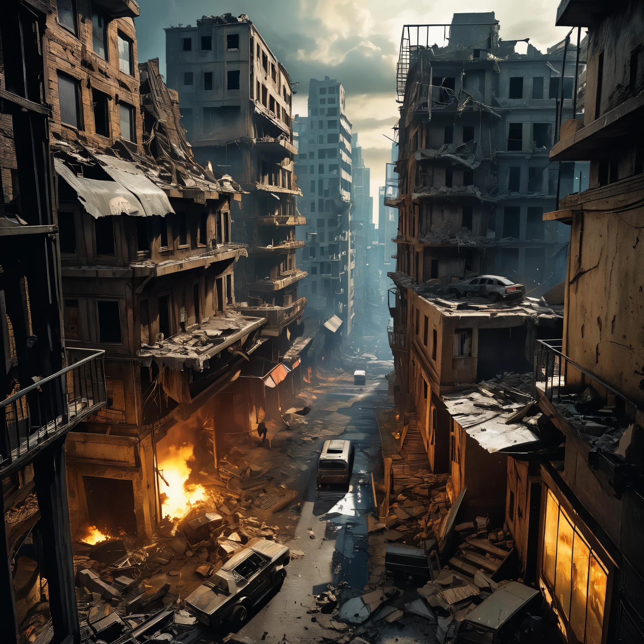(masterpiece:1.4), (best quality:1.4), (high resolution:1.4), (masterpiece, best quality, high resolution:1.4), dark fantasy, Science fiction, Frank Miller comic style, Post-apocalyptic destroyed city without humans,Top view