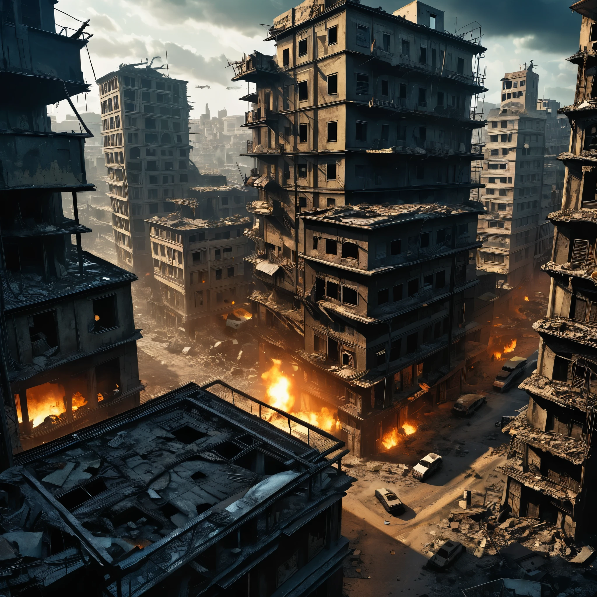 (masterpiece:1.4), (best quality:1.4), (high resolution:1.4), (masterpiece, best quality, high resolution:1.4), dark fantasy, Science fiction, Frank Miller comic style, Post-apocalyptic destroyed city without humans,Top view