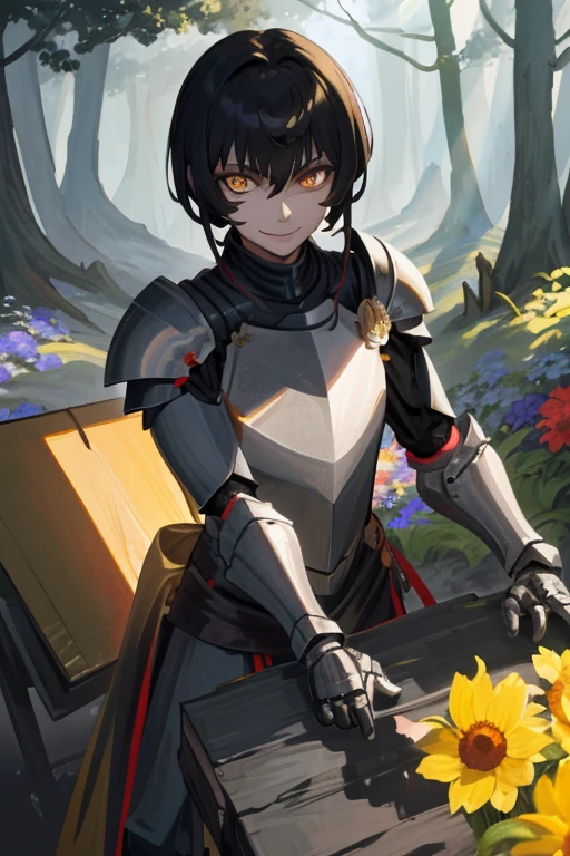 ((Masterpiece: 1.2, Best quality)),(A tough knight, Short black hair, Golden eyes, Scar across right eye, Black Armor), imaginary, forest, Blooming flowers, Sun light, Great light and shadow, The scenery is beautiful, Highly detailed face, painting, He smiles