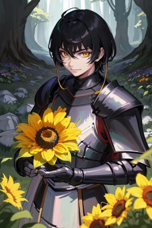 ((Masterpiece: 1.2, Best quality)),(A tough knight, Short black hair, Golden eyes, Scar across right eye, Black Armor), imaginary, forest, Blooming flowers, Sun light, Great light and shadow, The scenery is beautiful, Highly detailed face, painting, He smiles