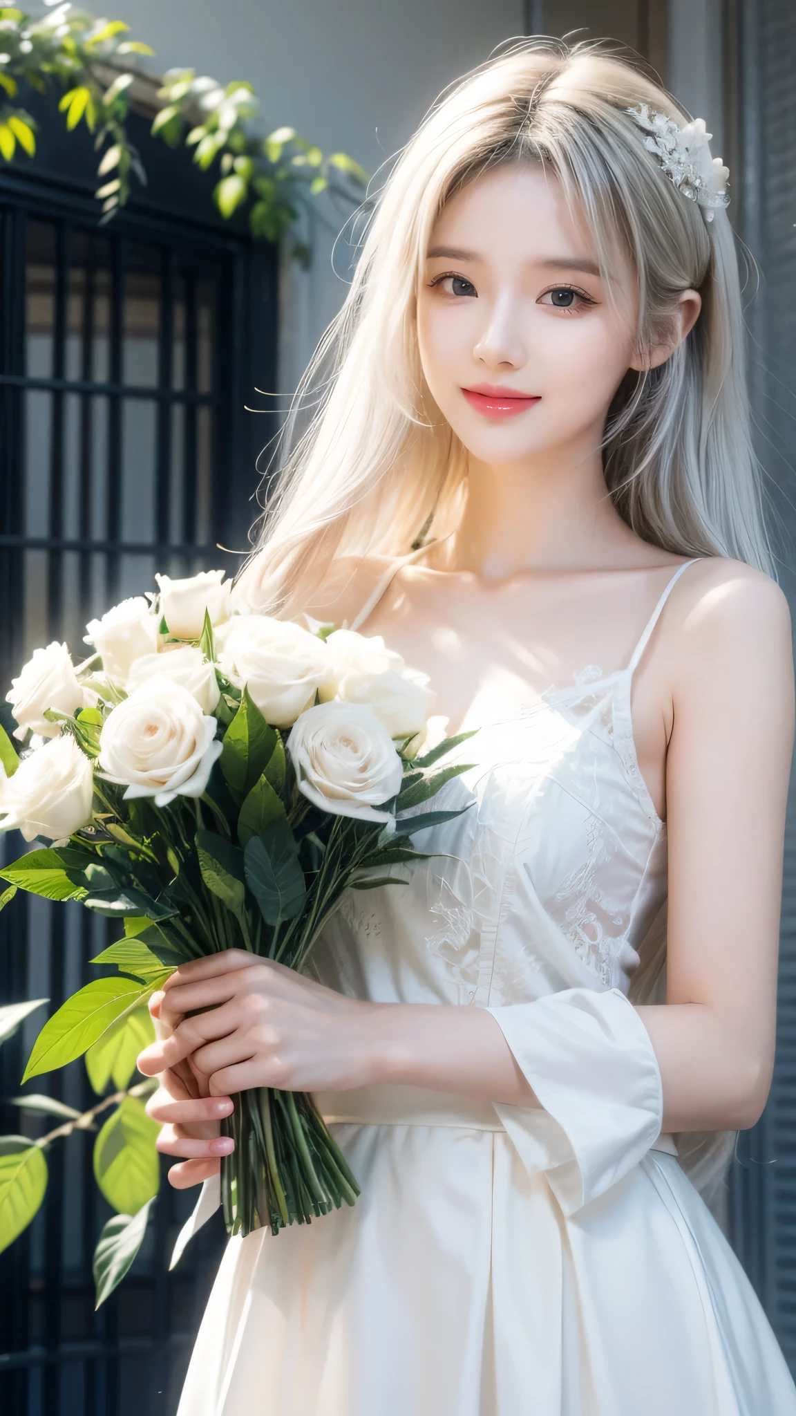 masterpiece, best quality, 1 Girl, white hair, Smile, Looking at the audience, aldult, fully mature, Holding flowers