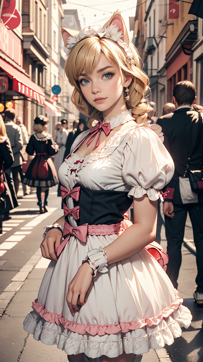 Amazing details, 8K Photos, Hyperrealism, professional lights, Realistic Background, Visual depth, Background blur, Wide-angle lens, whole body, (13 years old, cute, change, Flat Chest, Cat ear), One girl, Colored eyes, Blonde, (Lolita fashion: 1.5), (race, Frilled shirt, White petticoat, sneakers), (stuffed toy), pink cute backpack, street, fashion