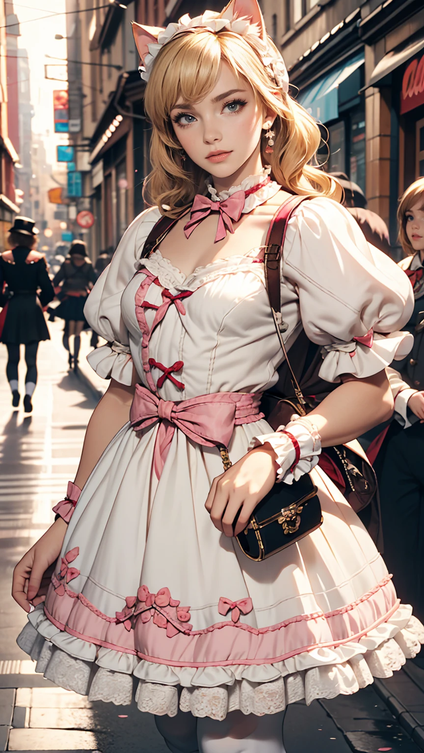Amazing details, 8K Photos, Hyperrealism, professional lights, Realistic Background, Visual depth, Background blur, Wide-angle lens, whole body, (, cute, change, Flat Chest, Cat ear), One girl, Colored eyes, Blonde, (Lolita fashion: 1.5), (race, Frilled shirt, White petticoat, sneakers), (stuffed toy), pink cute backpack, street, fashion