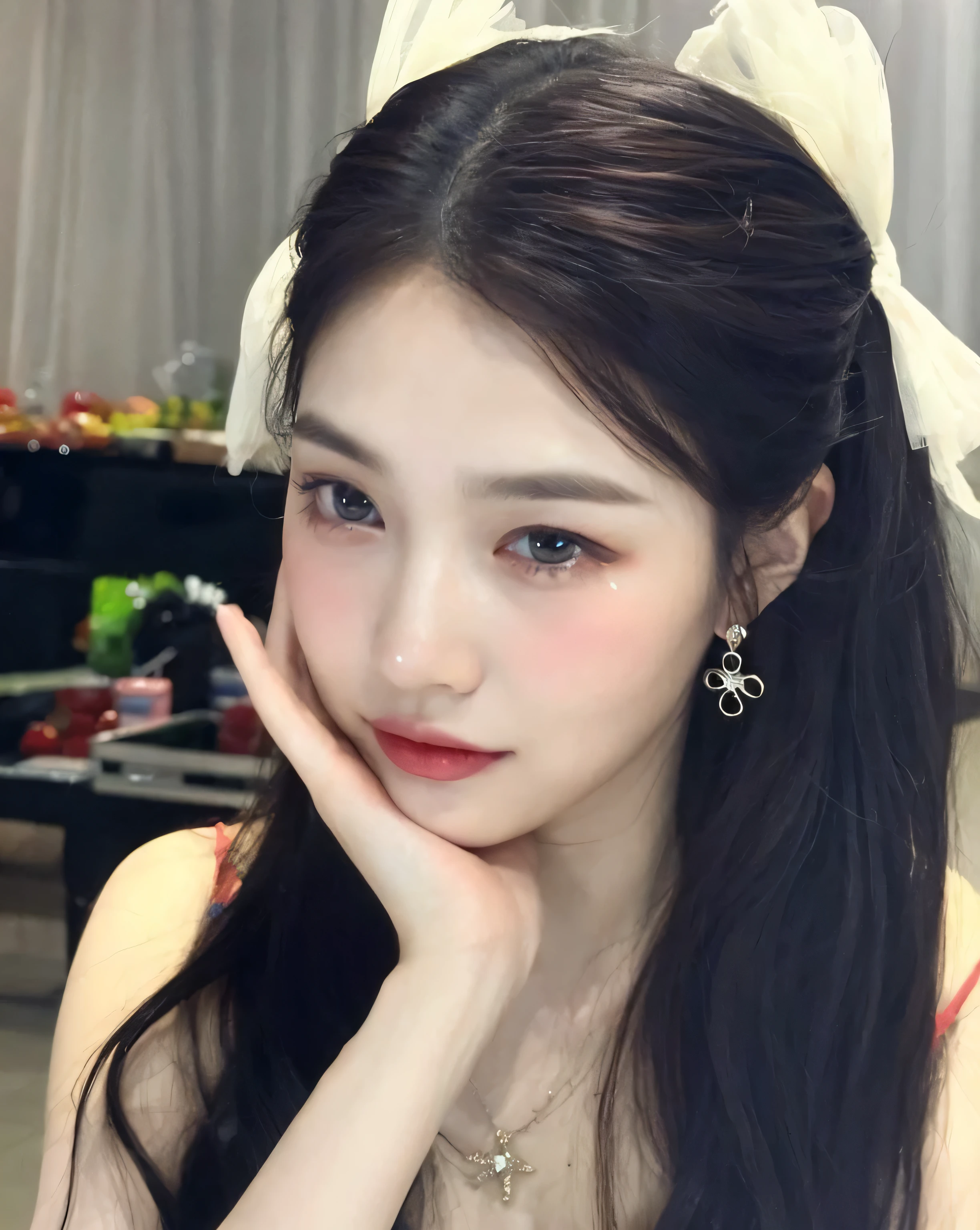 un primer plano de una mujer con cabello largo y una diadema blanca, pale korean adorable face, sakimichan, jinyoung shin, hermosa mujer surcoreana, maquillaje popular de corea del sur, joven y adorable rostro coreano, jaeyeon nam, preciosa cara delicada, ulzzang, muchacha coreana, cara linda y clara, maquillaje coreano popular, con cara linda - fina, Beautiful aesthetic face, Joy de Red Velvet 