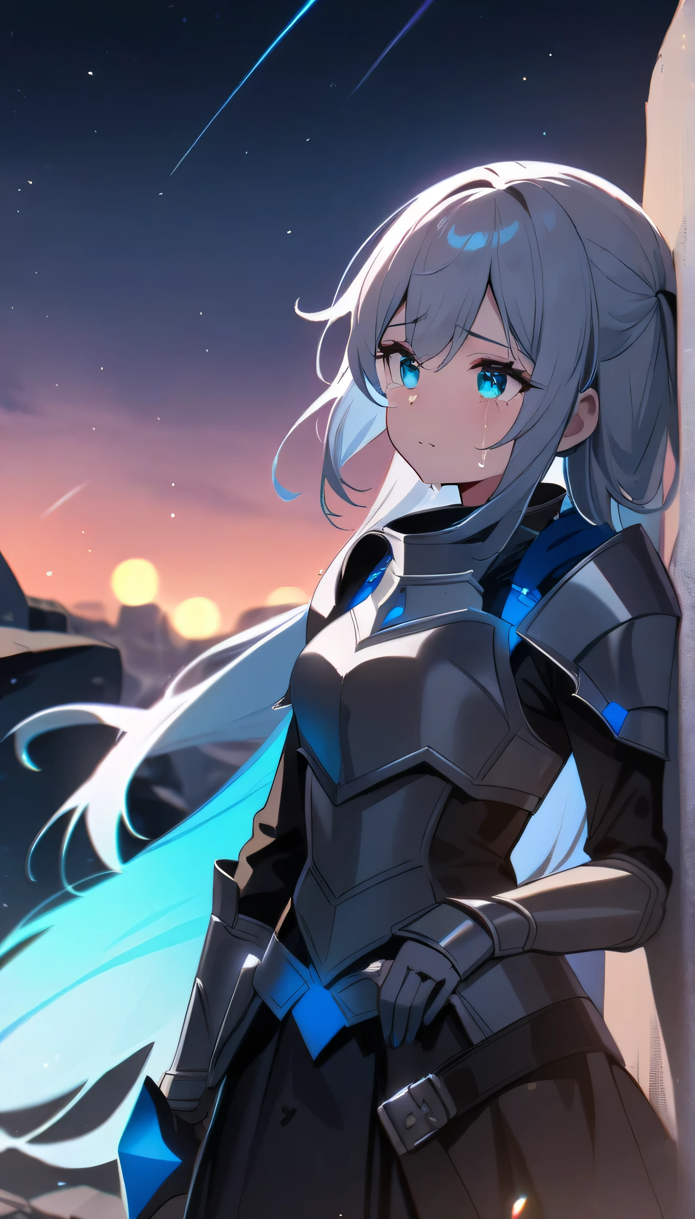 Resolution full, best quality, masterpiece, full HD, blue aura. beautifull girl, foggy theme, super detailed, 1girl, cute girl, long hair, silver hair, pony tail hair. detailed beautiful aqua eyes, dirty knight armor.  Tears. Crying. Dirty face. holding glowing katana. from below, focus at girl. Badass scene. in rock field. Wasteland. Day sky, gradient sky, sunset. Shooting stars. bokeh. Particle bokeh.  Depth of field.