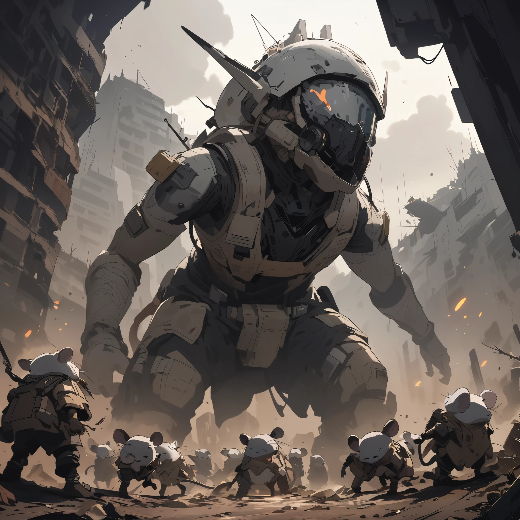A group of small rat-like humanoids dressed in scavenged piecemeal outfits scavenge crashed space ships in an apocalyptic wasteland