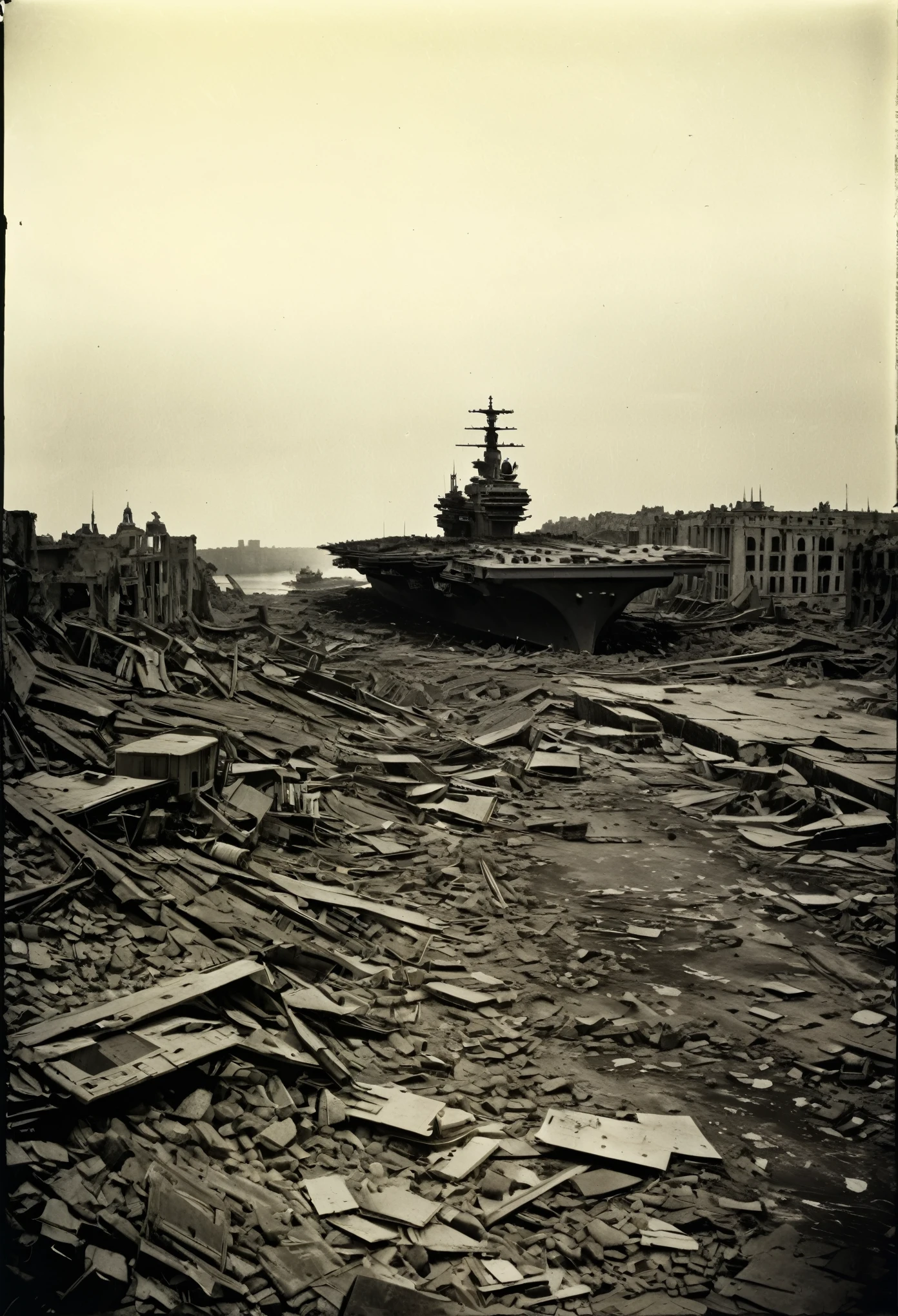 Post Apocalyptic Wasteland, aircraft carrier in the ruins of the city,Alfred Kubin,Kodak Tri-X 400,War photography,Anthotype print5 ,panorama,Top view,Pictorialism,Pinhole photography,Dusk,sustainable architecture