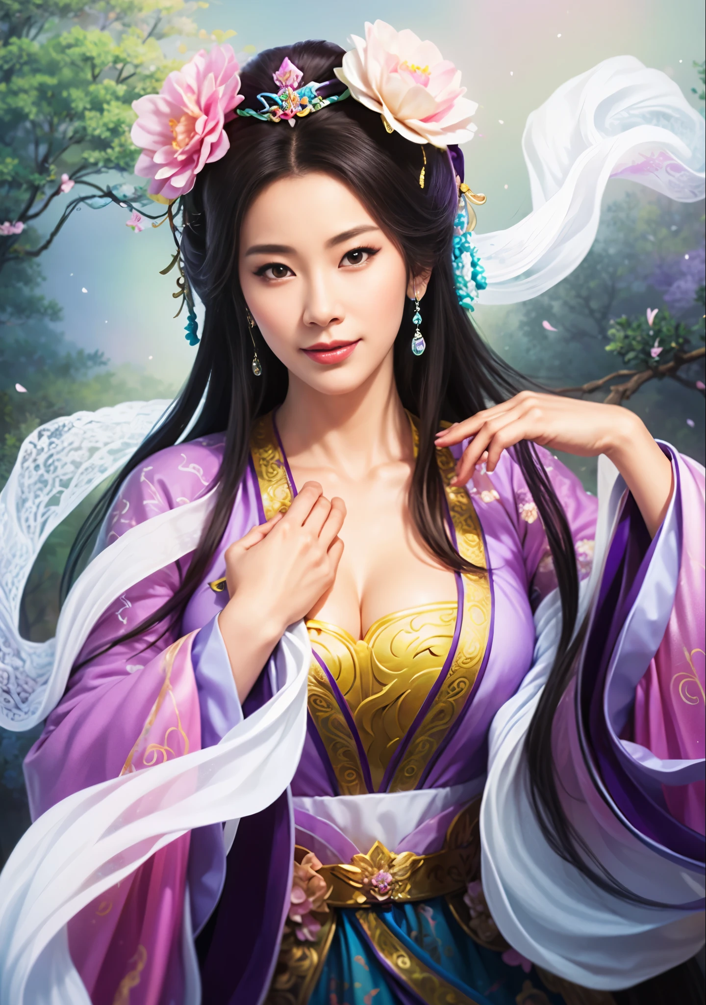 One wearing a purple dress、Close-up of a woman with flowers on her head, beautiful fantasy queen, Inspired by trees, Beautiful character painting, ((beautiful fantasy queen)), Chinese Princess, Beautiful charming anime woman, Inspired by Ju Lian, Inspired by Wu Li, inspired by Wu Zuoren, Inspired by Lan Ying, bian lian