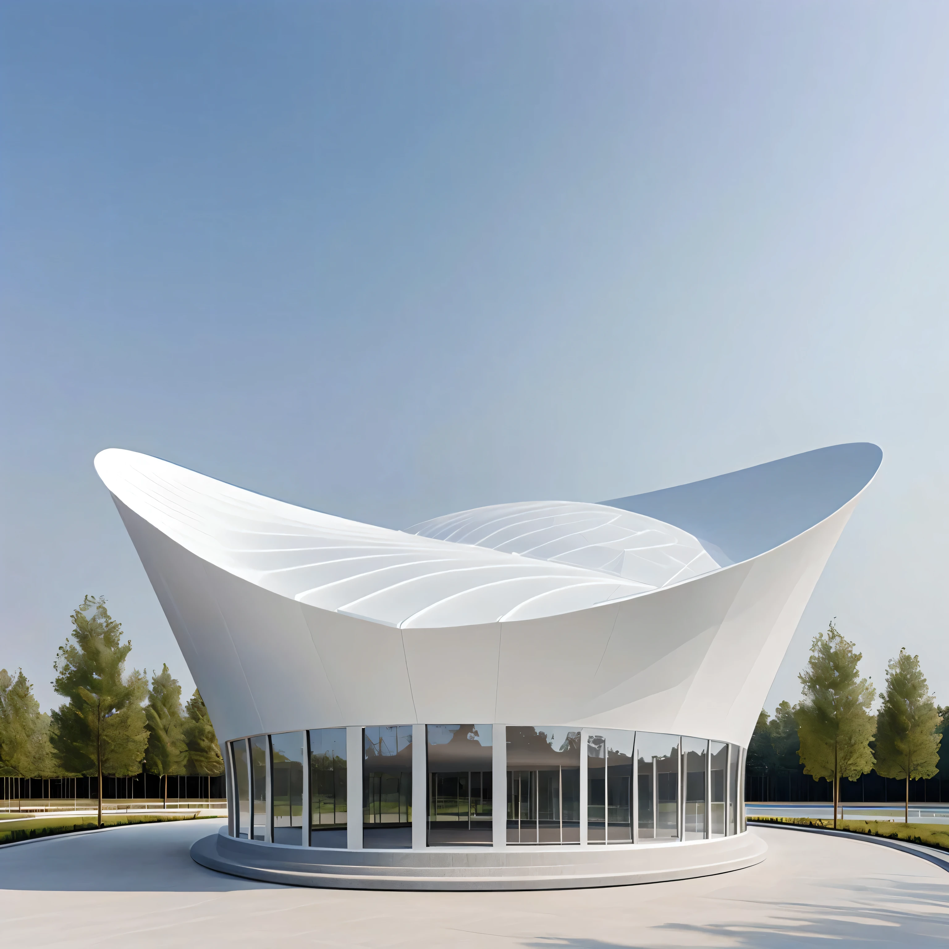 There is a white structure，The concrete surface has a curved roof, by Zha Shibiao, Web portals. Zaha Hadid, inspired by Zha Shibiao, dome, in style of Zaha Hadid architect, futuristic church, Futuristic sports arena, Parametric structure, Zaha Hadid architecture, curvilinear building, Futuristic architecture concept, Zaha Hadid octane highly render