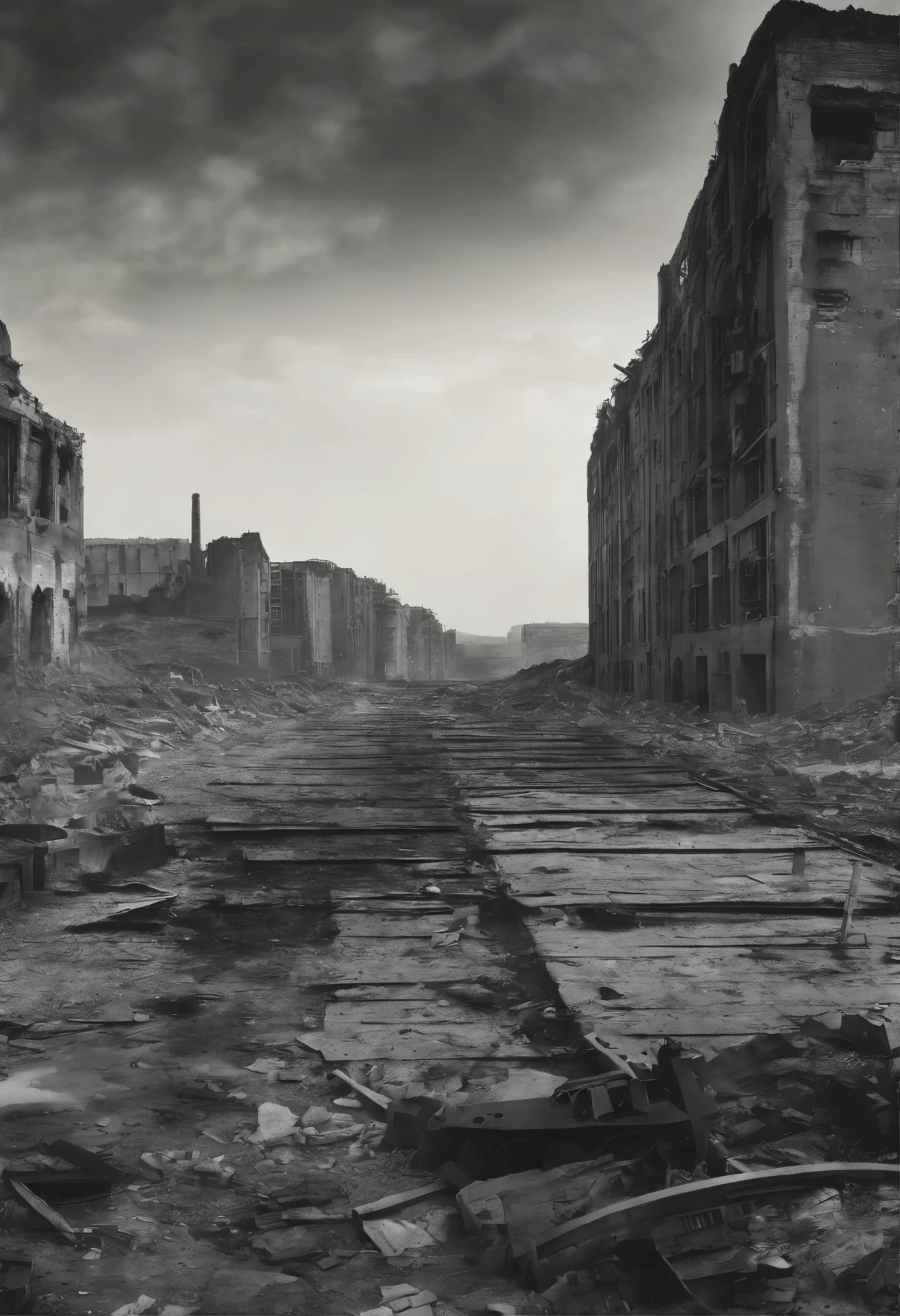 Post Apocalyptic Wasteland, aircraft carrier in the ruins of the city,Alfred Kubin,Kodak Tri-X 400,War photography,Anthotype print5 ,panorama,Top view,Pictorialism,Pinhole photography,Dusk,sustainable architecture