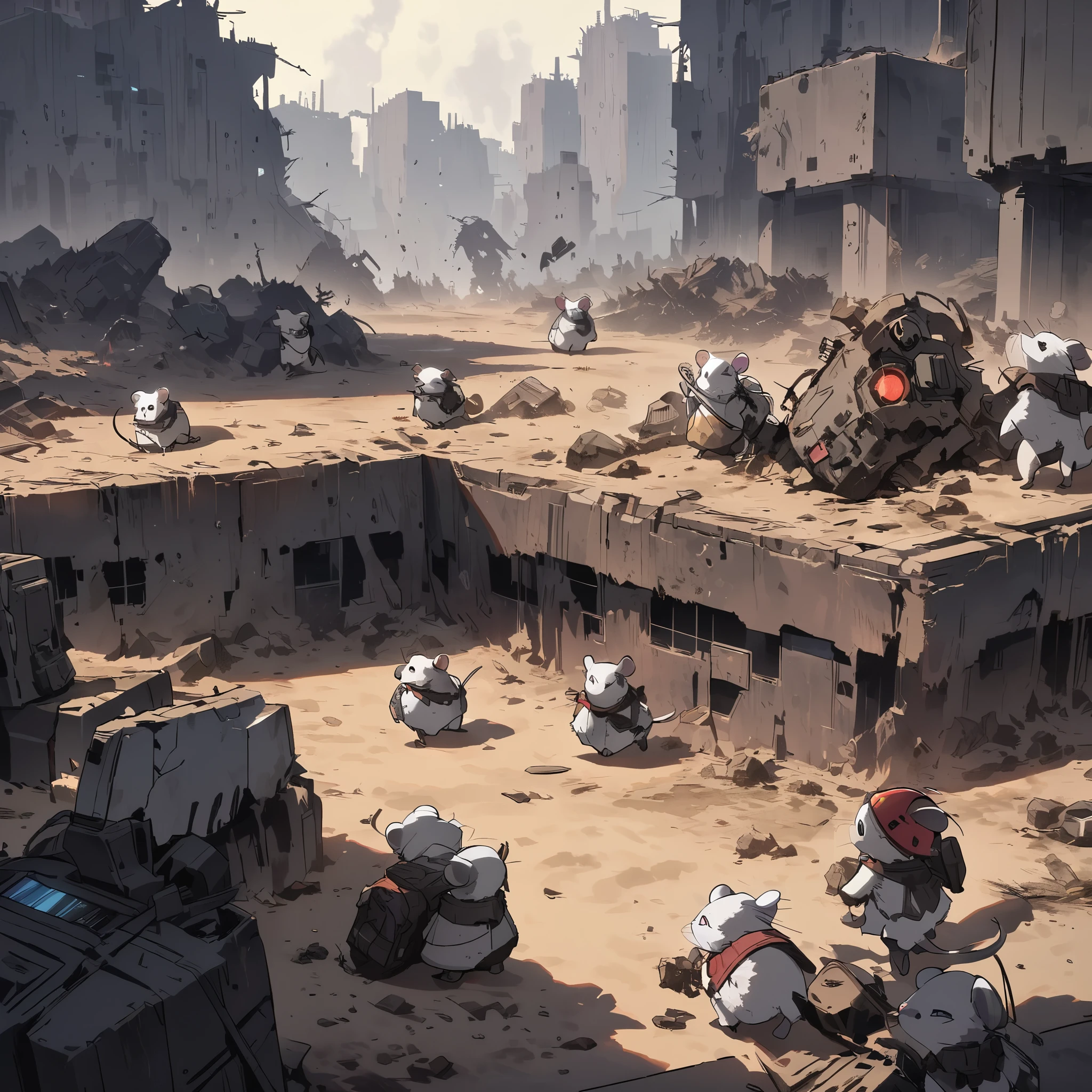 A group of small rat-like humanoids dressed in scavenged piecemeal outfits scavenge crashed space ships in an apocalyptic wasteland