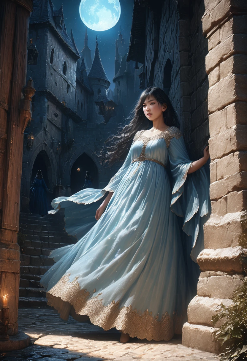 (Full moon night、A black-haired girl walks in the castle courtyard), (highest quality, 4K, High resolution, masterpiece:1.2), Very detailed, (Realistic, photoRealistic:1.37), High resolution, (crimson, blue) Color Palette, (soft, kind) Lighting, (oil, dream-like) Moderate, The moonlight is reflected finely on the cobblestone ground., Intricate architectural details of the city walls, (Flowing, Ethereal) gown swaying in the wind, (Mysterious, Fascinating) atmosphere, (subtle, delicate) shadow cast by the moon, (whisper, Buzz) ancient tree leaves, (silhouette, Towering) A spire stretching towards the night sky, Twinkling stars illuminate the scene, Occasionally I hear an owl hoot、quiet night sounds.