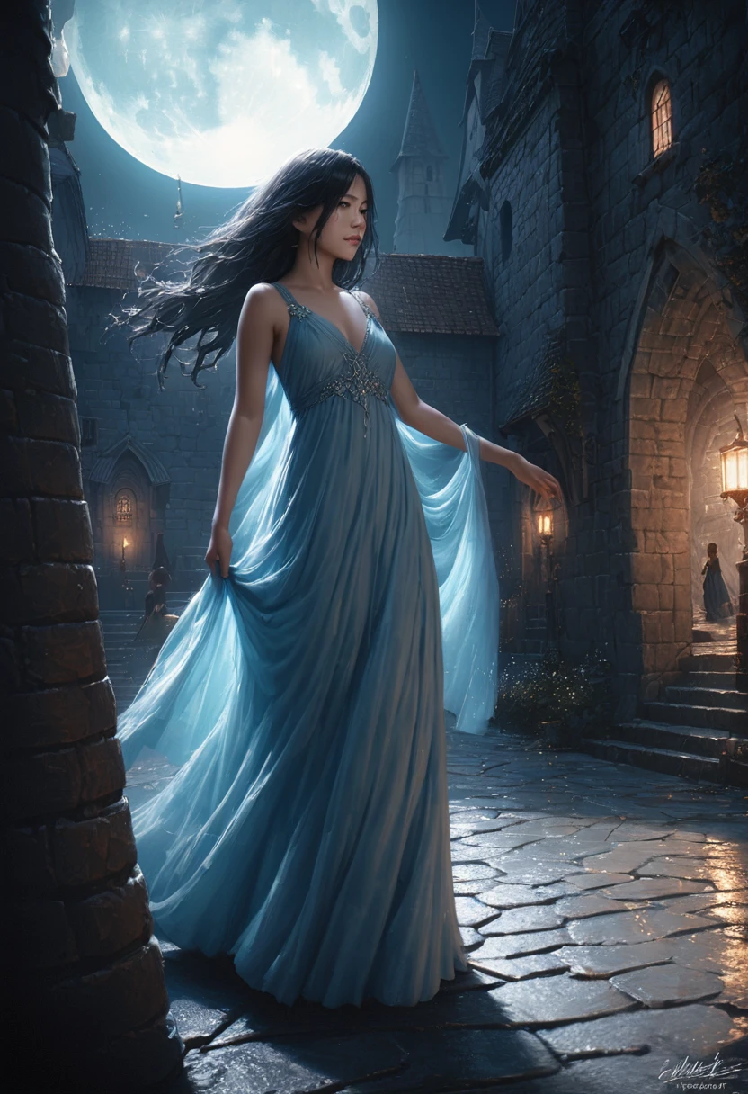 (Full moon night、A black-haired girl walks in the castle courtyard), (highest quality, 4K, High resolution, masterpiece:1.2), Very detailed, (Realistic, photoRealistic:1.37), High resolution, (crimson, blue) Color Palette, (soft, kind) Lighting, (oil, dream-like) Moderate, The moonlight is reflected finely on the cobblestone ground., Intricate architectural details of the city walls, (Flowing, Ethereal) gown swaying in the wind, (Mysterious, Fascinating) atmosphere, (subtle, delicate) shadow cast by the moon, (whisper, Buzz) ancient tree leaves, (silhouette, Towering) A spire stretching towards the night sky, Twinkling stars illuminate the scene, Occasionally I hear an owl hoot、quiet night sounds.