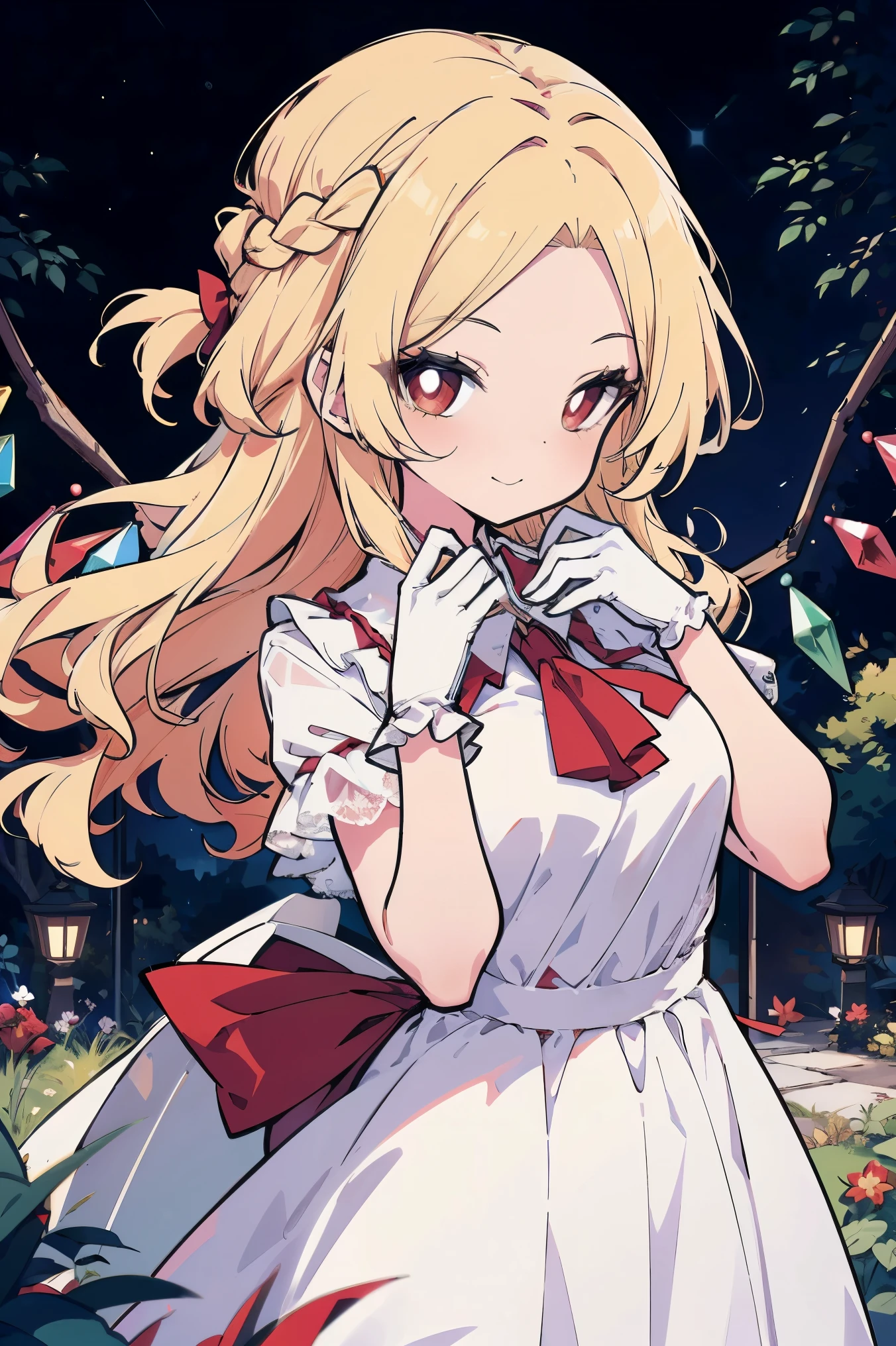 (comboy shot), (colorful:1.1), vibrant color, (ultra-high resolution, depth of field:1.2), (Flandre scarlet:1.1), (1woman), (adult), in her 20s, Touhou project, (medium breasts), (red eyes), white pupils, glowing eyes, (forehead:1.2), blonde hair, wavy hair, (long hair:1.1), (french braid:1.2), red ribbon, (white gala dress:1.1), (wearing a white gala dress:1.2), frills, (long white lace gloves), (elegant garden scenery:1.2), night, gentle smile, dim lighting