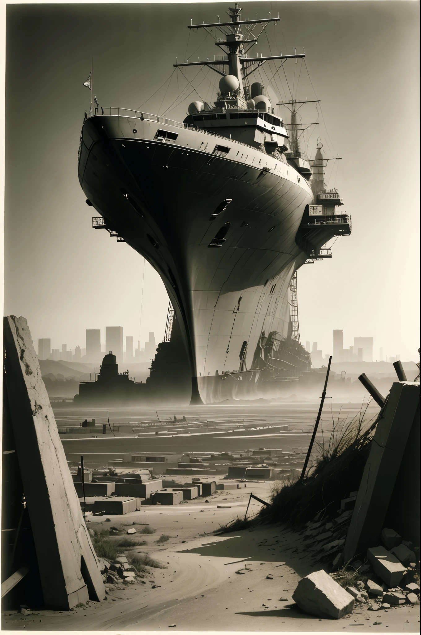 Post Apocalyptic Wasteland, aircraft carrier in the ruins of the city,Alfred Kubin,Kodak Tri-X 400,War photography,Anthotype print5 ,panorama,Top view,Pictorialism,Pinhole photography,Dusk,sustainable architecture