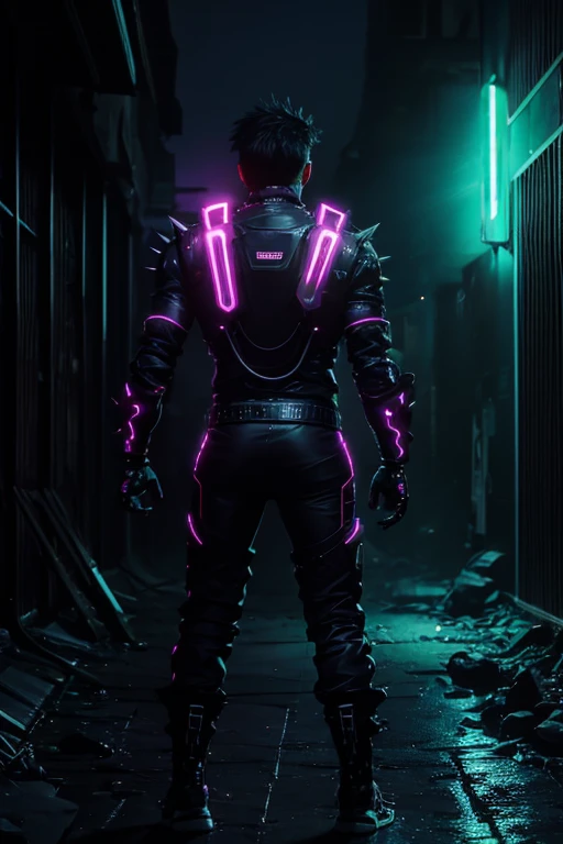 A young Caucasian man with spiky black hair, viste ropa con colores neon y tiene un ojo robotico brillante, tiene dos grandes pistolas de mano, inmerso en un ambiente ciberpunk futurista. La oscuridad resalta sus contornos, while neon flashes illuminate his figure, creating a visually captivating and energetic environment.