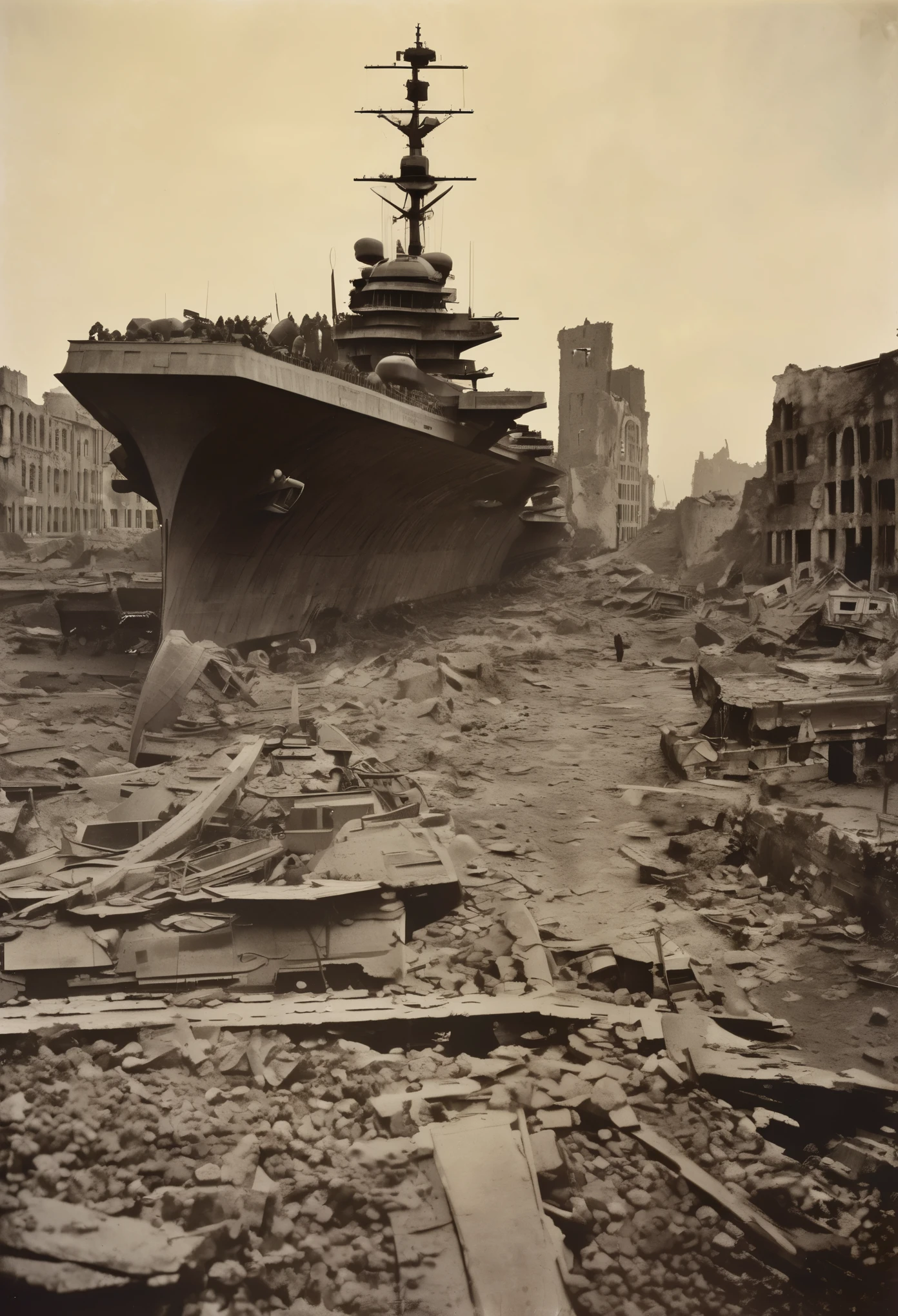 Post Apocalyptic Wasteland, aircraft carrier in the ruins of the city,Alfred Kubin,Kodak Tri-X 400,War photography,Anthotype print5 ,panorama,Top view,Pictorialism,Pinhole photography,Dusk,sustainable architecture