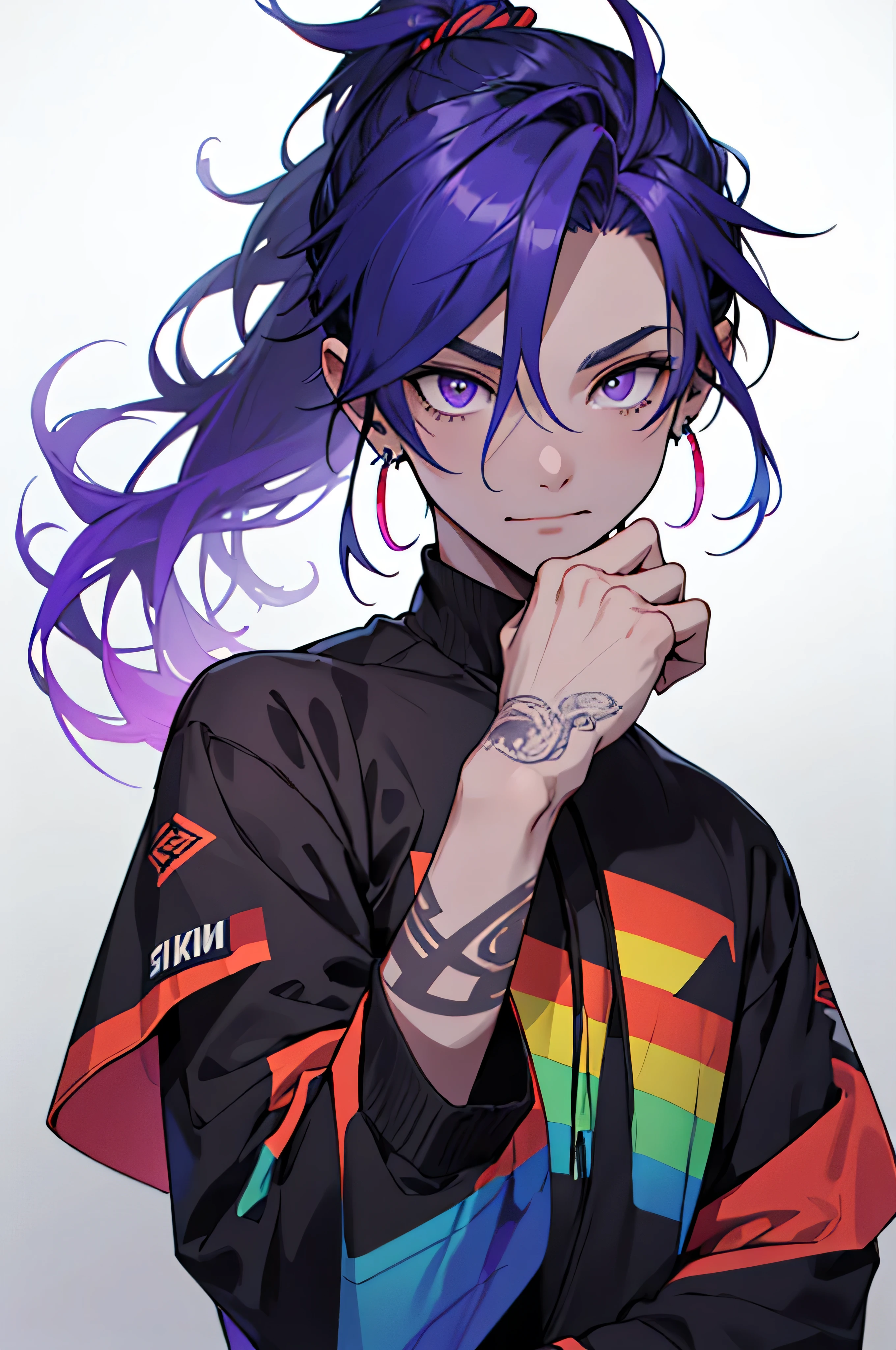 Man with rainbow-colored hair with strands sticking out in a long ponytail purple eyes one with a smaller pupil white skin earrings and small tattoos on his hands happy crazy toymaker