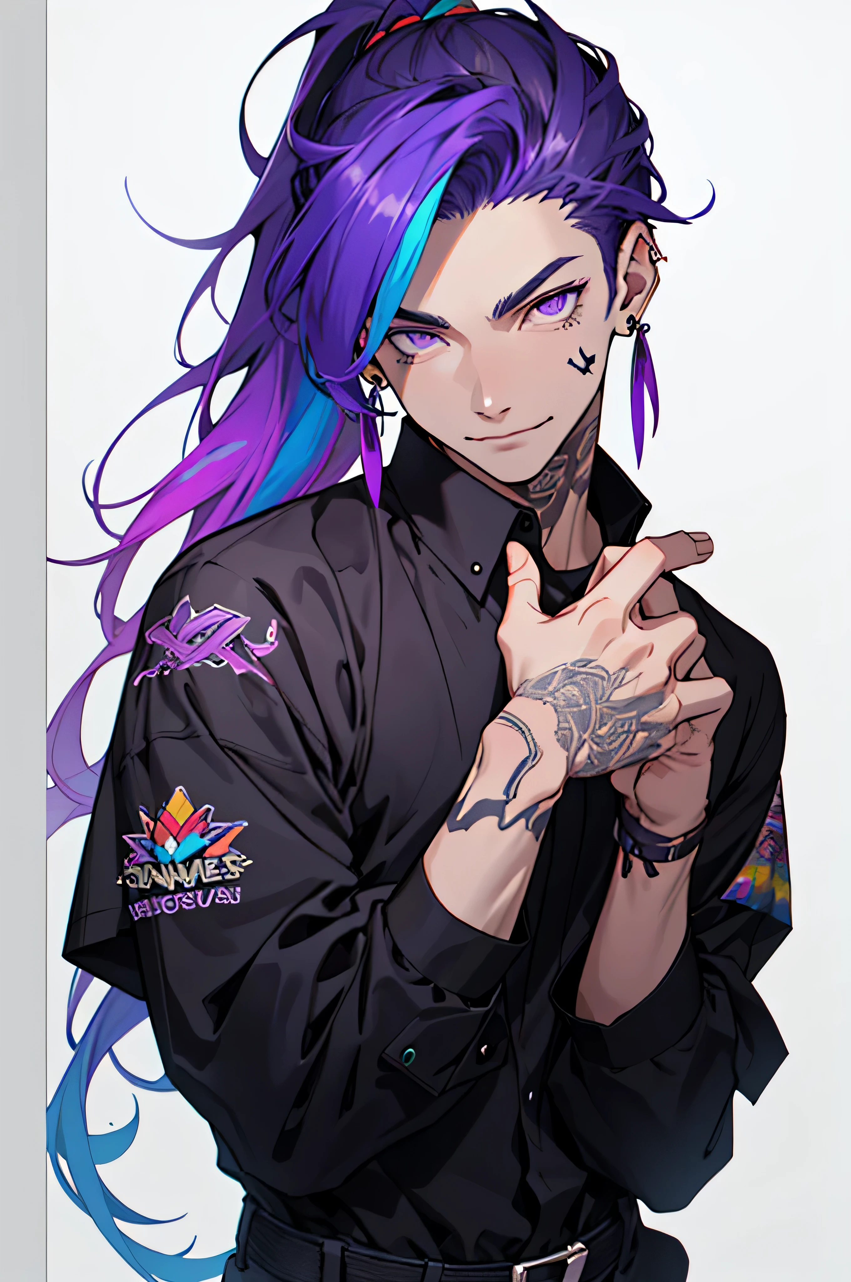 Man with rainbow-colored hair with strands sticking out in a long ponytail purple eyes one with a smaller pupil white skin earrings and small tattoos on his hands happy crazy toymaker