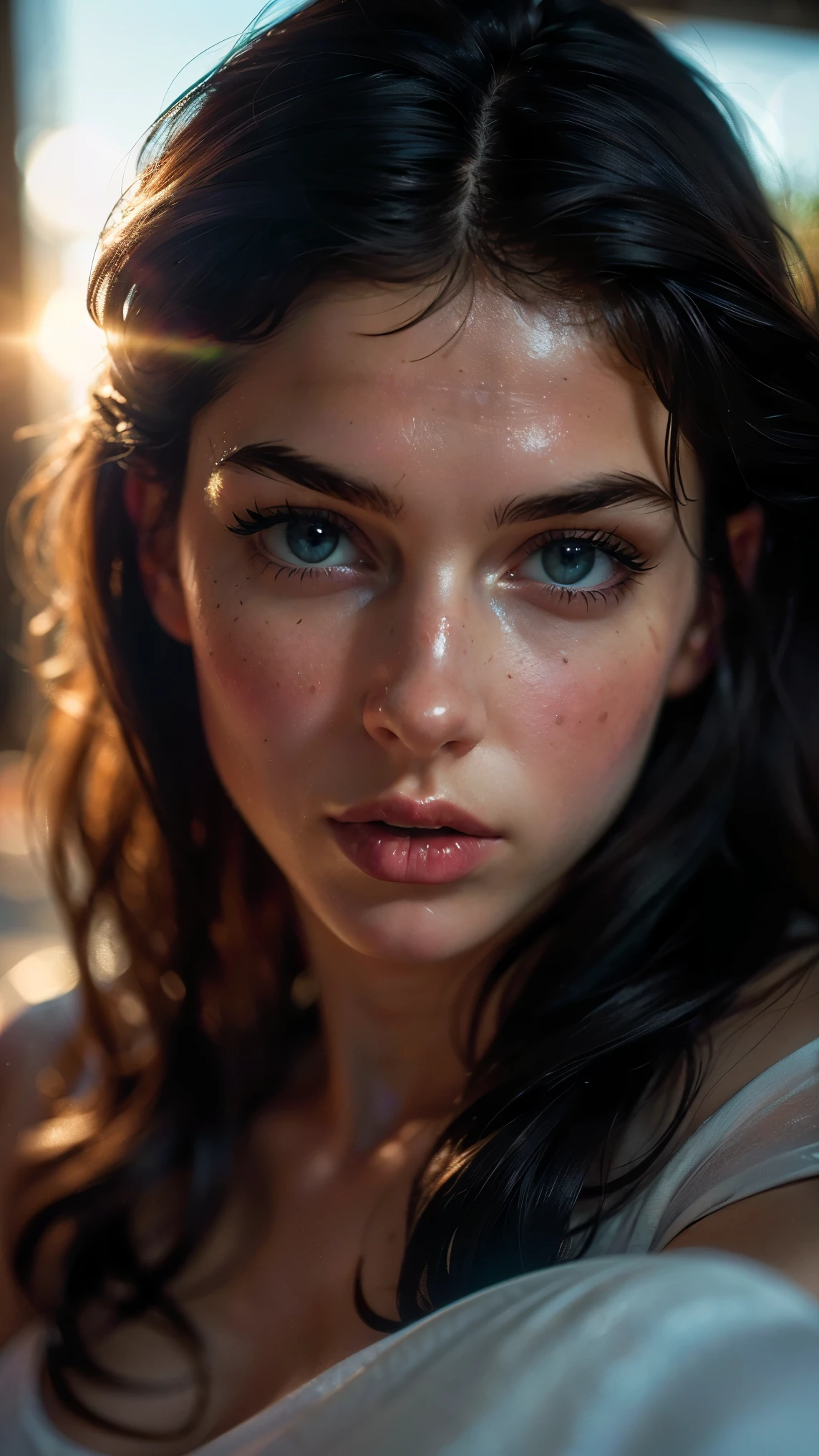 (((ultra realistic))) Photo, masterpiece, top quality, (pale skin), (Ultra detailed face and eyes:1.3), 1 girl, Adult, in a T-shirt, (Eye makeup, mascara) , ((large detailed lips)), ((Dark wavy hair)), ((Chyolka)) , (Natural breasts), Slim waist. ((Posing)), photoshoot, studio (soft lighting), (The play of light and shadows), depth of field, bokeh, (special attention to skin detail: 1.2), Detailed leather texture, skin pores. (Warm atmosphere of the frame. Color range - black, purple, Pink, blue tones), UDR, ((Film grain)), ((rays)), ((glare of the sun)), ((Photo to the waist, close to the camera)) , ultra detialed, 