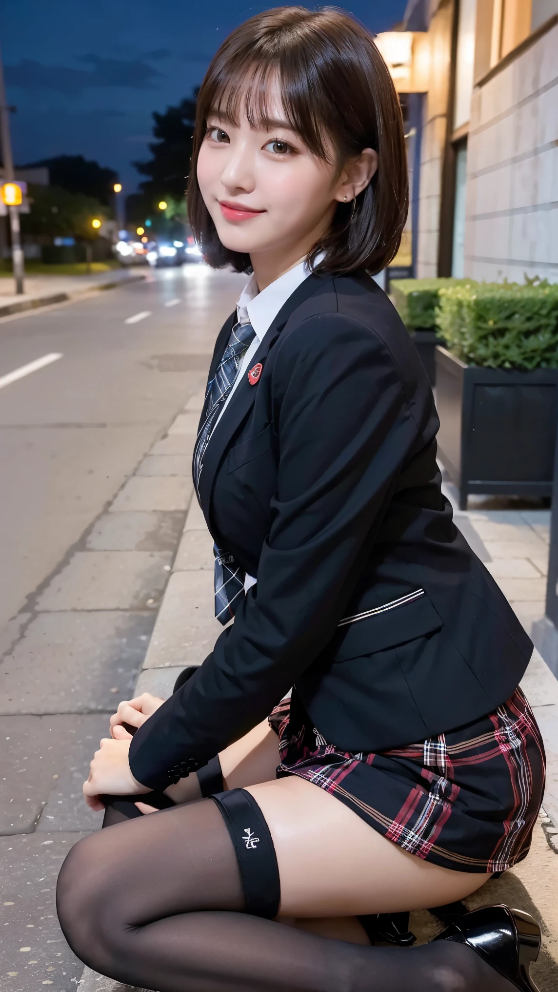 8k), (highest quality: 1.2), (Realistic), (Realistic: 1.37), Ultra-high resolution, (1 girl), cute, Embarrassed smile, Mouth closed,Red cheeks with embarrassment, Beautiful details, Beautiful Nose, Black short hair, bangs,Giant Dulcefo, pork, Thighs,Self Snap,University uniform,simple blazer,Pleated skirt,(The pattern of the skirt and tie is a tartan check pattern....:1.3),(Sitting:1), Sitting on the ground in the city at night,(Hug your feet:1),Mr.々Opaque tights in different colors,(From the side),From above,Bring your face closer