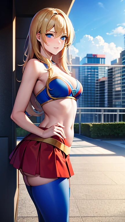 ((Best quality, Masterpiece, Nonsense)),1girll:1.9, Sexy, ( 18 years old, Expressive blue eyes, shoulder-length blonde hair, Long hair,Loose and fluffy hair),Dressed Supergirl cosplay (Super Girl Suite custom role-playing), Shortest red skirt,eechi, Terrace in 1 building, supergirl, cleavage, tiny thong, big tits, big butt, tiny bikini like suit, sexy hero pose