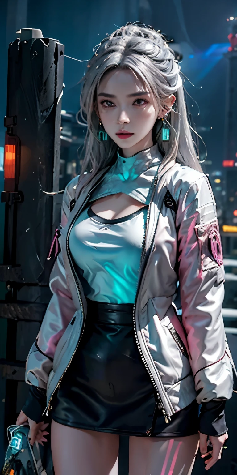 Photorealistic, high resolution, Soft light,1womanl, Solo, Hips up, (Detailed face),tattoo, jewelry, Night City, Police uniform, White hair