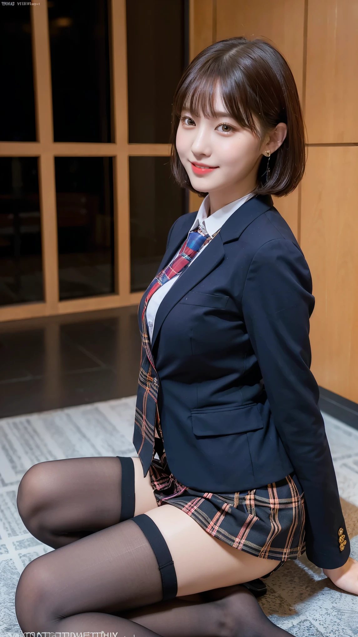 8k), (highest quality: 1.2), (Realistic), (Realistic: 1.37), Ultra-high resolution, (1 girl), cute, Embarrassed smile, Mouth closed,Red cheeks with embarrassment, Beautiful details, Beautiful Nose, Black short hair, bangs,Giant Dulcefo, pork, Thighs，Self Snap,University uniform,simple blazer,Pleated skirt,(The pattern of the skirt and tie is a tartan check pattern....:1.3),(Sitting:1), Sitting on the ground in the city at night,(Hug your feet:1),Mr.々Opaque tights in different colors,(From the side),From above,Bring your face closer