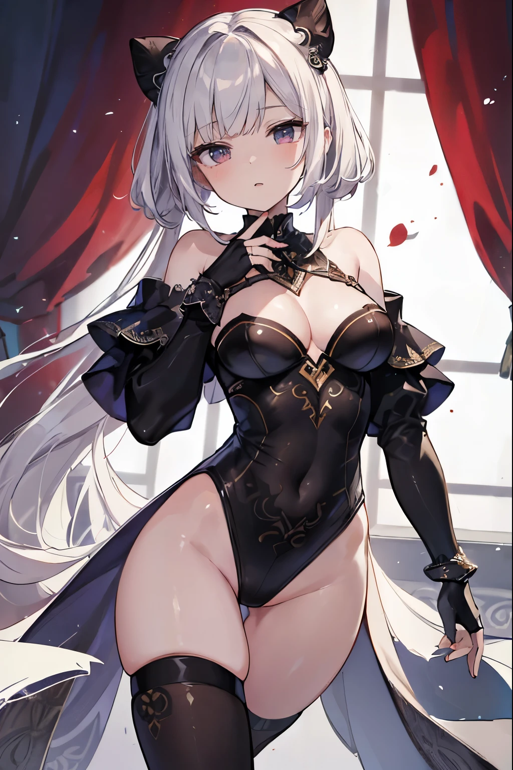 1girl, anime, cute girl, blank background, white background, fantasy, detailed fantasy dress with highlights, beautiful face, beautiful eyes, dark colors, black hair with multicolor streaks, red eye with different color pupil in eye, multicolor eye, medium small breasts (slightly big), slight cleavage, beautiful skin, cute, breast curtains, extremely delicate and beautiful, (beautiful detailed face:1.0), (detailed deep eyes), symmetrical breasts, deep eyes, shiny skin, portrait, slender waist, hips wider than shoulders, thighs, expressionless, young girl, luminous eyes, adorable，（Kpop idol）,（aegyo sal：1），（Platinum blonde hair：1），（（puffy eye）），Black panty，sexy posture，Superskirt, Ultra-high resolution，Black collar，slim figure, Abdominal y tattoo, womb tattoo，Tight-fitting leg ring，y tattoo on half-body，Bare skin, Armored hand，Hidden fingertips，Hand covered，Arm covered，Fist covered,{{beautiful detailed fingers}}, tufts of hair, moderate beautiful breast:1.0,(masterpiece:1.2), best quality, high-res, HDR, perfect face, intricate armor, delicate blue filigree, intricate filigree, red metalic parts, detailed part, dynamic pose, dynamic lights, cute face, neutral expression