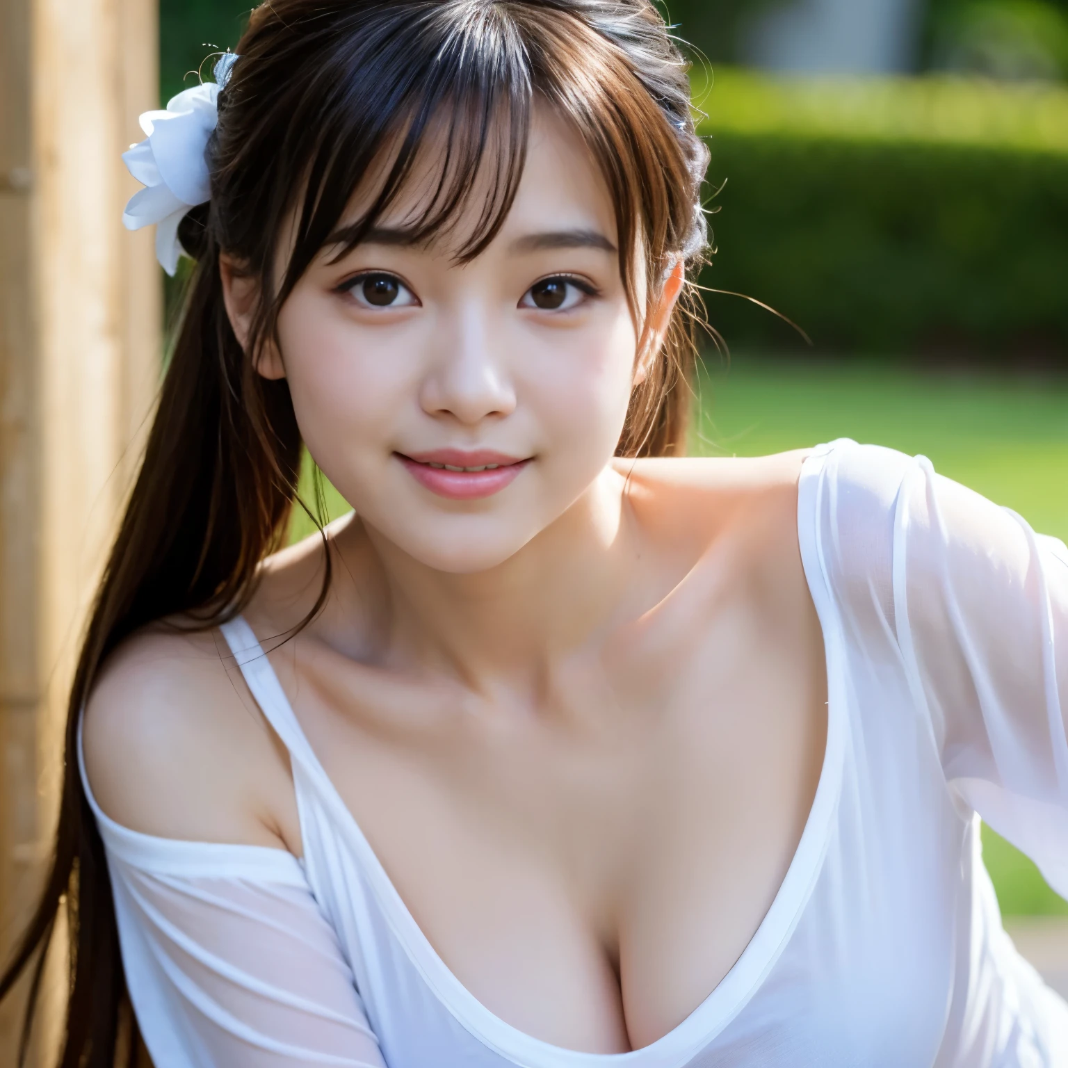 Best-quality, Masterpiece, Ultra-High-Resolution, (Photorealistic:1.4), Raw-Photo, depth of field, professional-lighting, from above, front view, 1girl, the most famous Japanese idol, ((wearing loose fitting T-shirt with deep neckline, leaning forward very much)), (extremely cute face, ((extremely cute and extremely big black-eyes)), extremely cute hairstyle, extremely cute long-eyelashes, extremely cute lips, (extremely beautiful skins)), extremely flat chest, innocent-smile, looking up