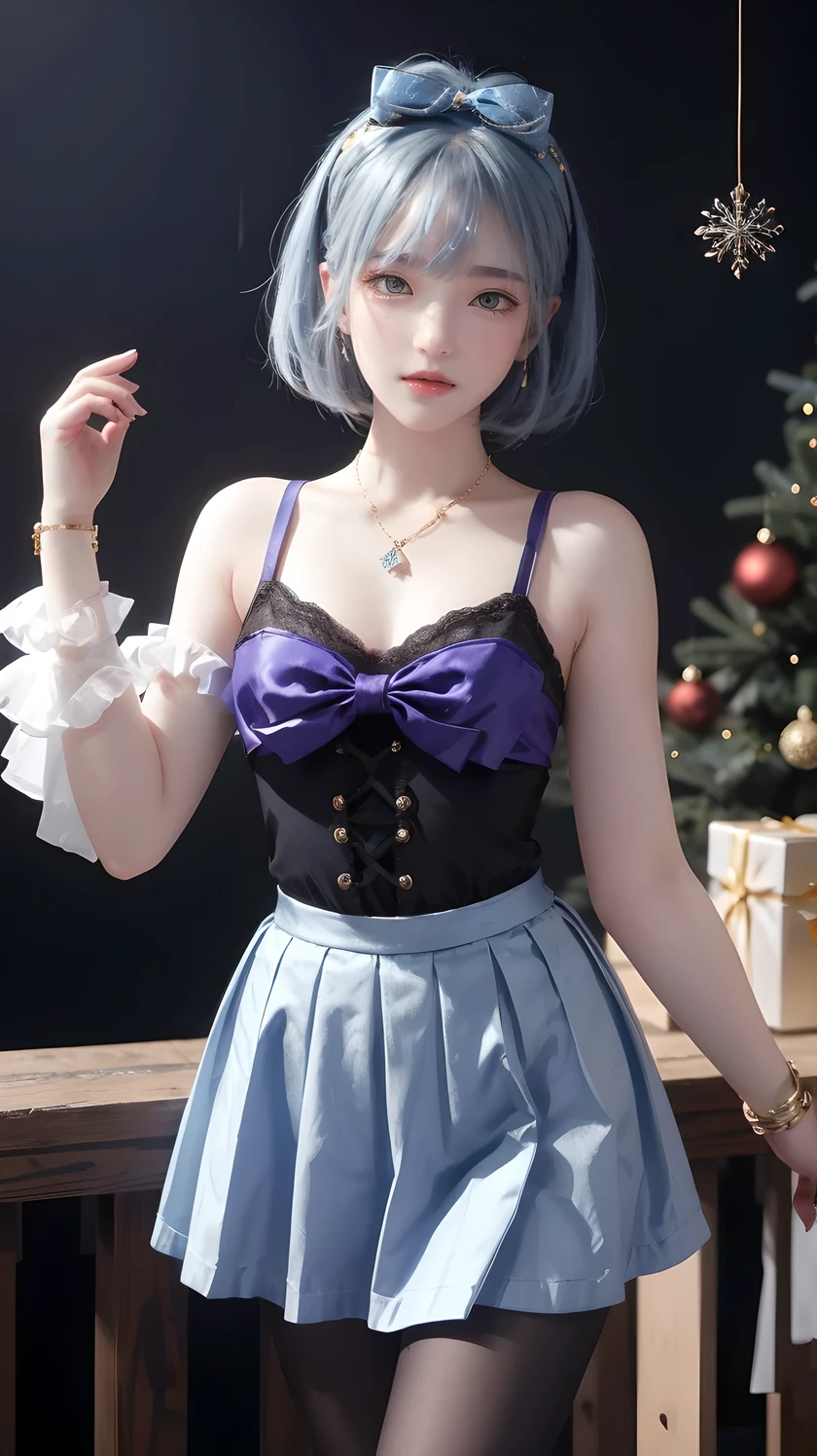 1 Girl, Bangs, Blue Hair, bow, Box, bracelet, Christmas, Christmas tree, Cowboy shooting, skirt, earrings, Fishing Net, flower, Gift, Gift Box, Hair accessories, Hamel, jewelry, Looking at the audience, Colorful hair, necklace, Pantyhose, Open your mouth, Purple Eyes, red skirt, ribbon, Rose, short hair, Smile, Solitary, High Leg Raise