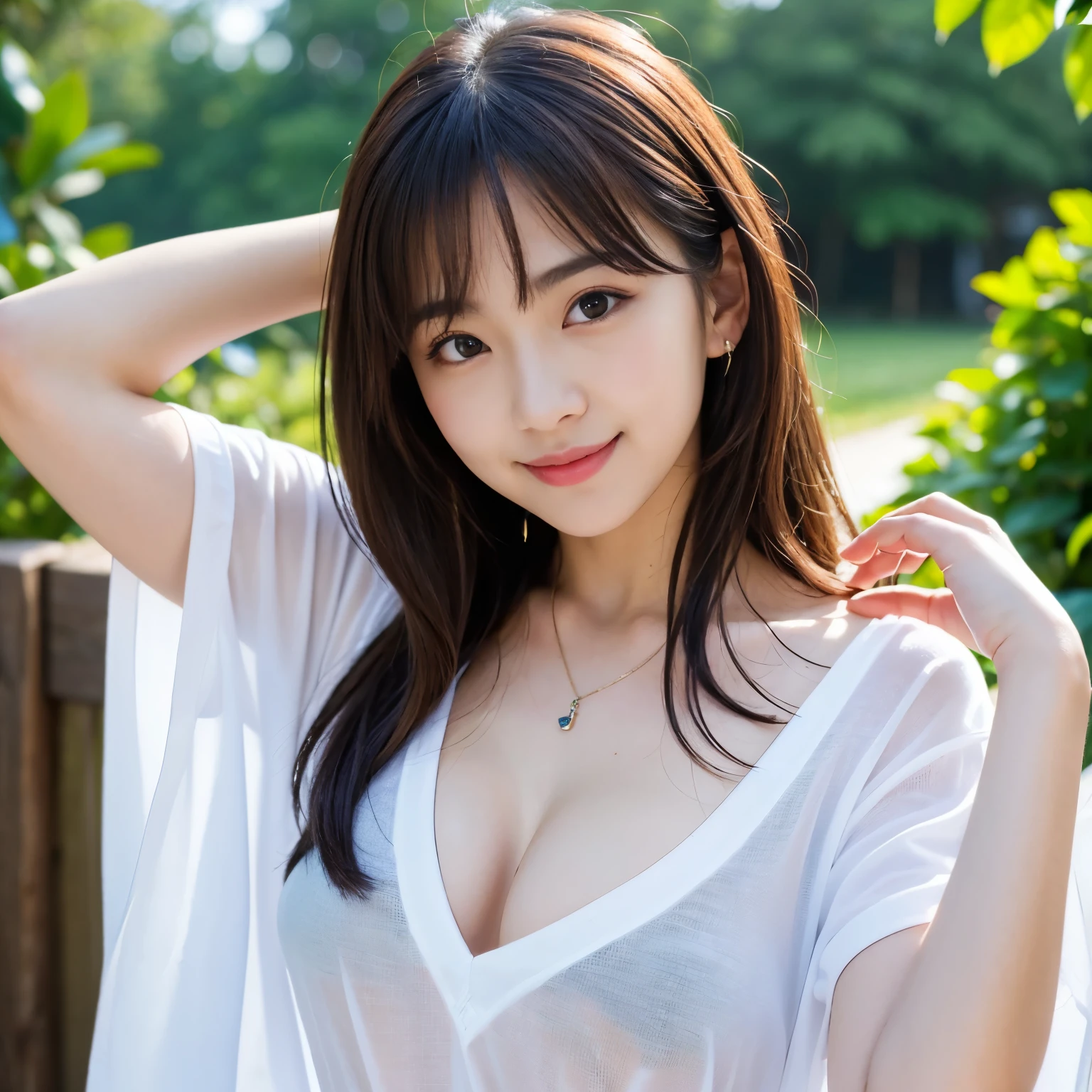 Best-quality, Masterpiece, Ultra-High-Resolution, (Photorealistic:1.4), Raw-Photo, depth of field, professional-lighting, from above, front view, 1girl, the most famous Japanese idol, ((wearing loose fitting T-shirt with deep neckline, leaning forward very much)), (extremely cute face, ((extremely cute and extremely big black-eyes)), extremely cute hairstyle, extremely cute long-eyelashes, extremely cute lips, (extremely beautiful skins)), extremely flat chest, innocent-smile, looking up