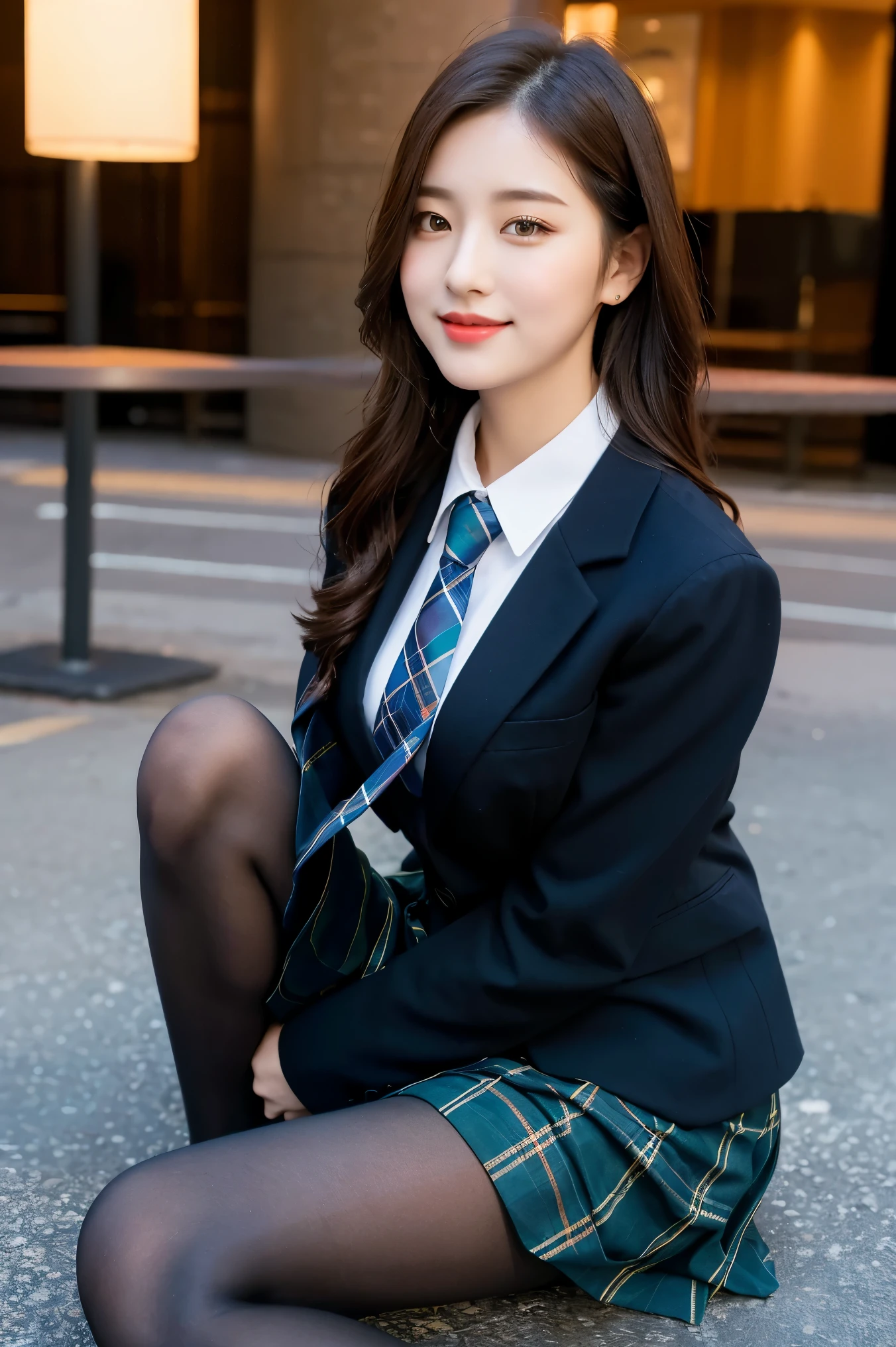 (8k), (highest quality: 1.2), (Realistic), (Realistic: 1.37), Ultra-high resolution, (1 girl), cute, smile, Mouth closed, Beautiful details, Beautiful Nose,Straight shiny black hair, Giant Dulcefo, pork, Thighs，Self Snap,University uniform,simple blazer,Pleated skirt,(The pattern of the skirt and tie is a tartan check pattern....:1.3),(Sitting:1), Sitting on the ground in the city at night,(Hug your feet:1),Mr.々Opaque tights in different colors,From the side,From above