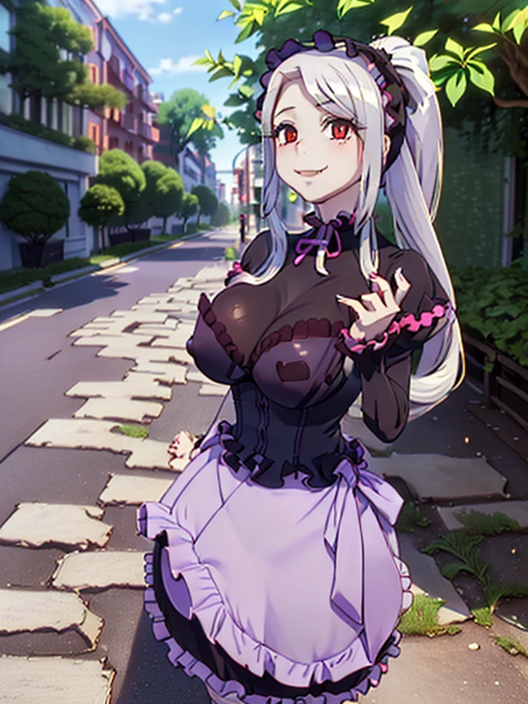 great quality ++ Extremely detailed high resolusionolution, very aesthetic, expressive eyes, (((perfect face))), (((face symmetrical))), (((good anatomy)), (((perfect hands))), (((8k)))), UHD, HD wallpaper, (((high detailed calidra, (((((1girl)))))), only, Masterpiece, Best quality, high resolution, Highly detailed, (illustration), beautiful detailed eyes, (((combatant))), (((1girl)))), (((cuerpo completo))), ((((full body)))), (((((((illyasviel von einzbern)))))), (((((gothic ta)))), ((((ponytail)))), (((((smile))))), (((frilled dress))), (((dress))), (((loliashion))), Long wavy hair, (((red eyes))), (((purple heart promise))), (((milfication))), (((mature female))), ((((((gigantic breasts)))))), Accurate fingers, Unnatural hands, strange eye, Greek columns, outdoors, beautiful majestic forest, vine leaves surrounding the columns, flowering bushes everywhere, clear sky, bright sunny day, heavenly forest, greeting the subjects, (((strolling through the city))), (((walking))), (((female pose))),
