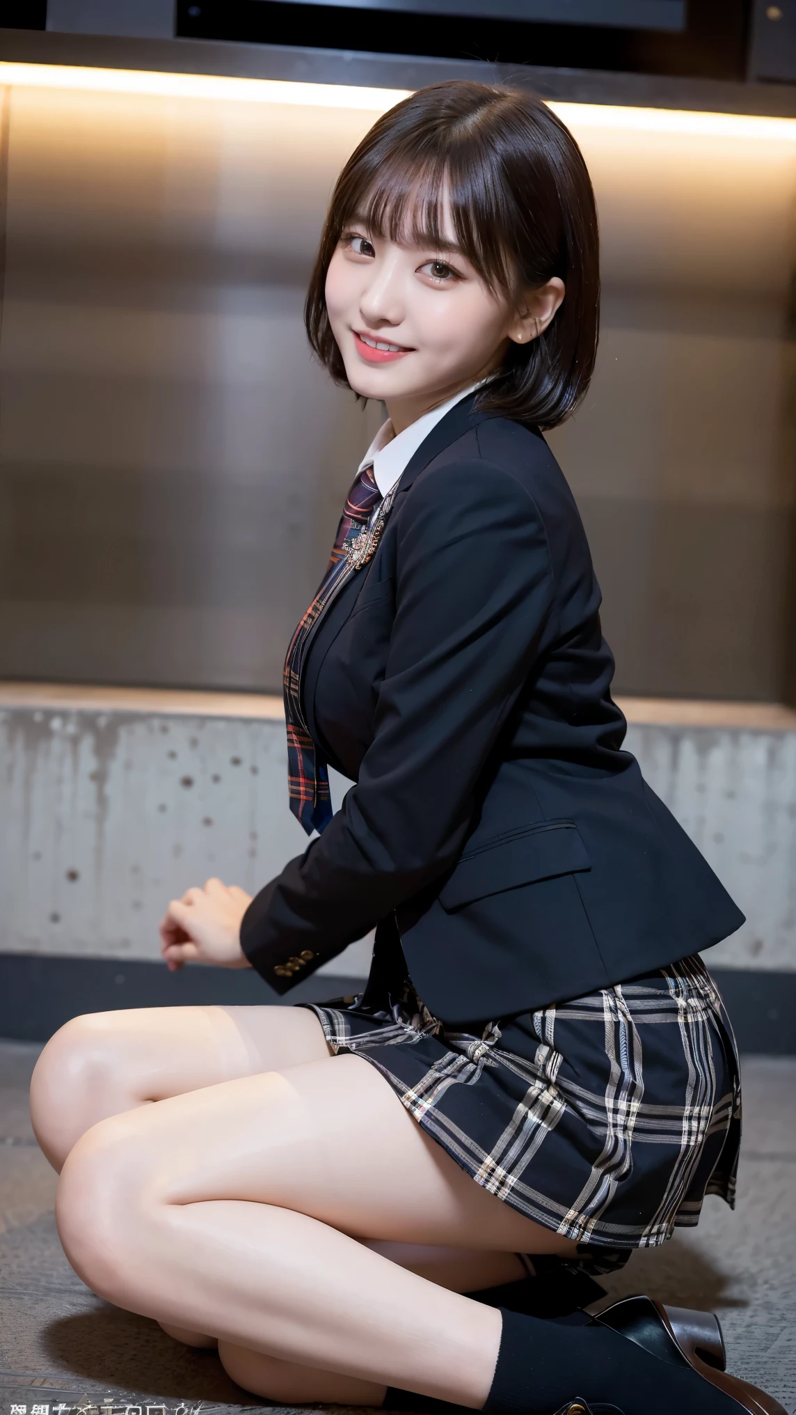 8k), (highest quality: 1.2), (Realistic), (Realistic: 1.37), Ultra-high resolution, (1 girl), cute, Embarrassed smile, Mouth closed,Red cheeks with embarrassment, Beautiful details, Beautiful Nose, Black short hair, bangs,Giant Dulcefo, pork, Thighs，Self Snap,University uniform,simple blazer,Pleated skirt,(The pattern of the skirt and tie is a tartan check pattern....:1.3),(Sitting:1), Sitting on the ground in the city at night,(Hug your feet:1),Mr.々Opaque tights in different colors,(From the side),From above,Bring your face closer