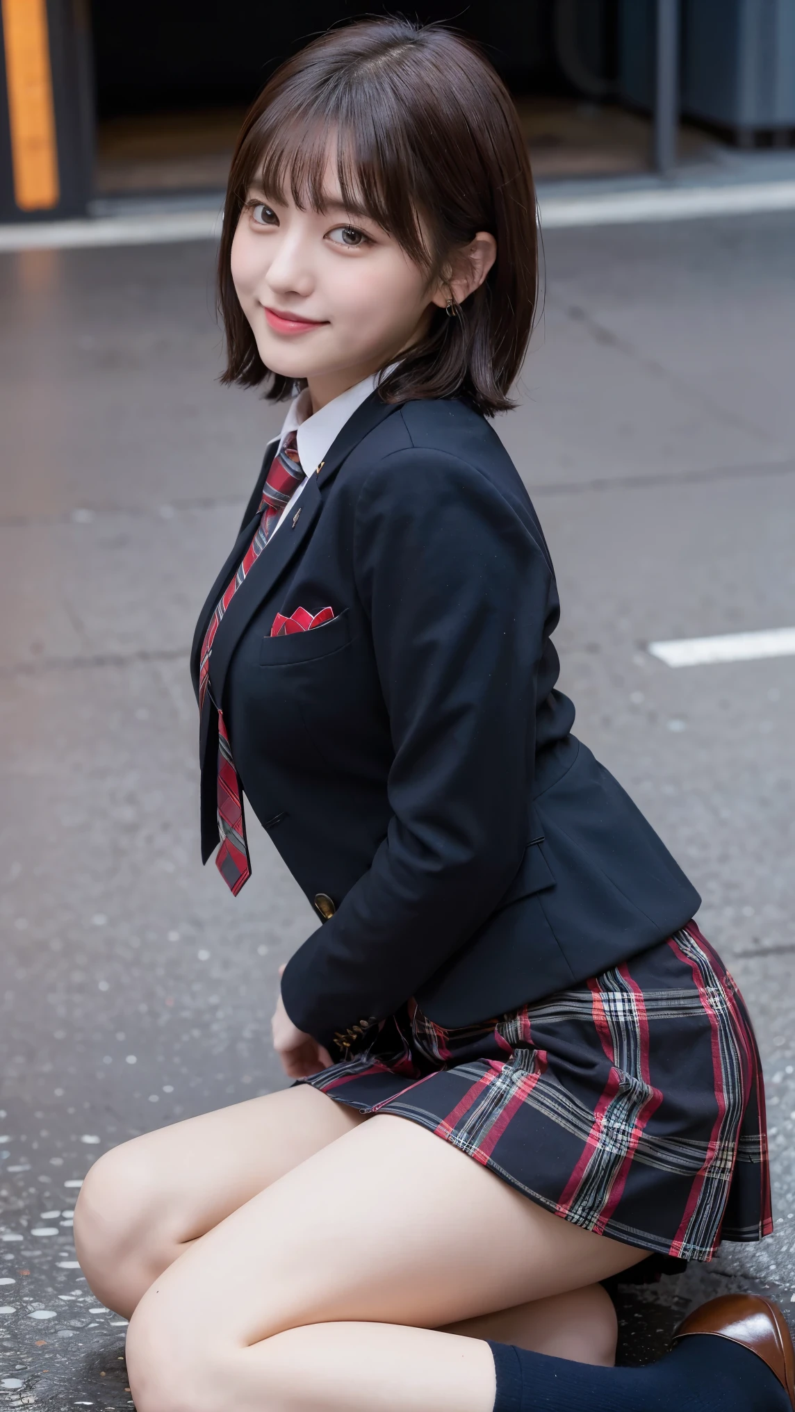 8k), (highest quality: 1.2), (Realistic), (Realistic: 1.37), Ultra-high resolution, (1 girl), cute, Embarrassed smile, Mouth closed,Red cheeks with embarrassment, Beautiful details, Beautiful Nose, Black short hair, bangs,Giant Dulcefo, pork, Thighs，Self Snap,University uniform,simple blazer,Pleated skirt,(The pattern of the skirt and tie is a tartan check pattern....:1.3),(Sitting:1), Sitting on the ground in the city at night,(Hug your feet:1),Mr.々Opaque tights in different colors,(From the side),From above,Bring your face closer
