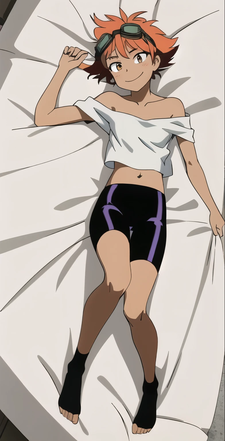 Edward, midriff, orange hair, tan skin, (white loose shirt), off one shoulder, bike shorts, brown eyes, goggles on head, smile, lying in bed, full body, satisfied expression, (insanely detailed, beautiful detailed face, masterpiece, best quality , small breasts, cleavage, photo from above 