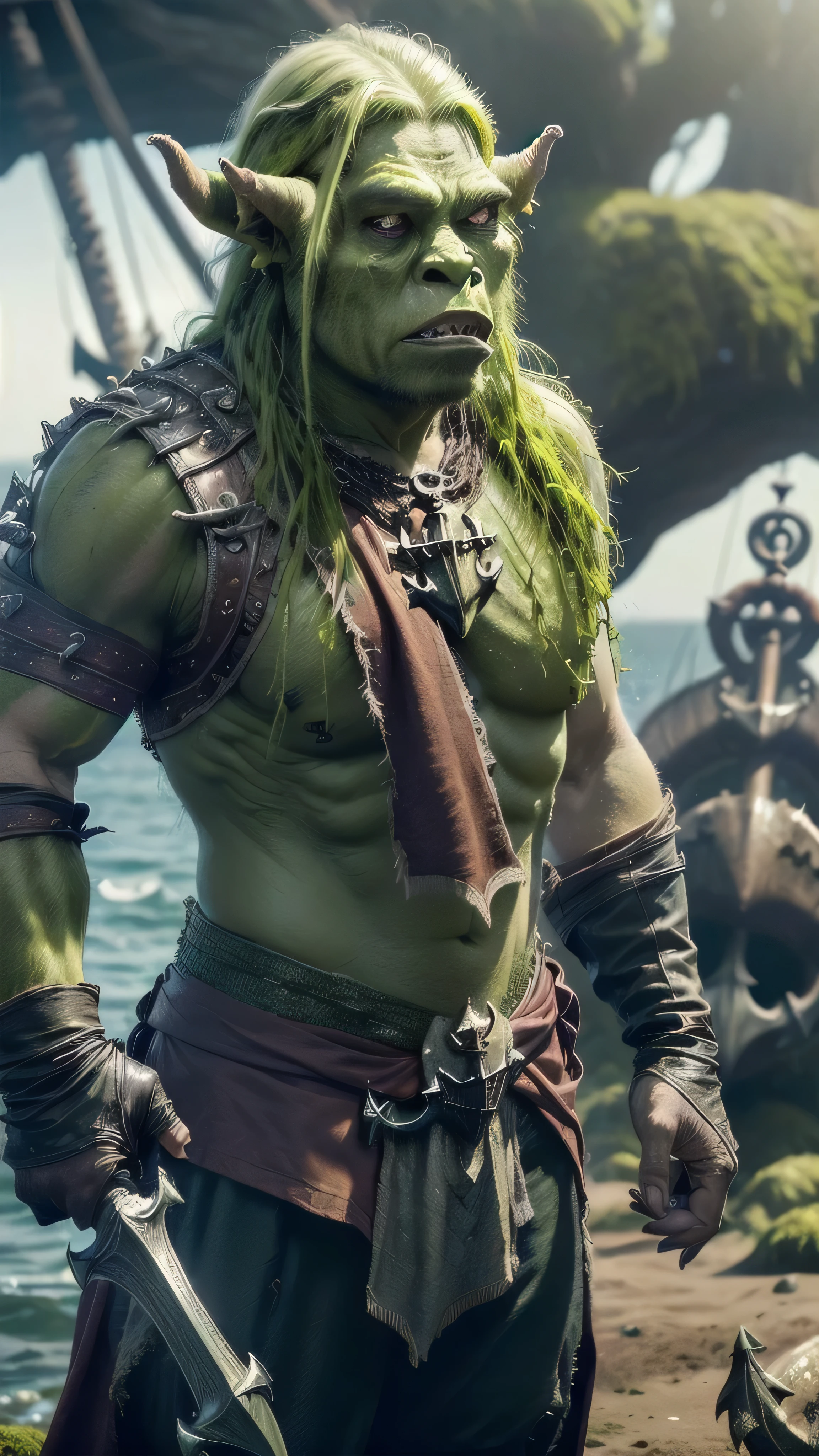 (masterpiece), (extremely intricate:1.3), (realistic), (((dirty blowing blown [blonde hair:dark hair:0.2]), solo Euro albino, snarling red lipstick, (((ranger, leaves in hair, fully clothed, medieval tattered moss armor, black leather vest, modest, perfectchainmail pants, wielding ((meathook, green skinned orc, anchor))))))), metal reflections, outdoor, intense sunlight, golden hour, professional photograph detailed, sharp focus, dramatic, award winning, cinematic lighting, volumetrics dtx, (film grain, blurry background, blurry foreground, bokeh, depth of field, interaction, ocean, far away pirate ship), 8K
