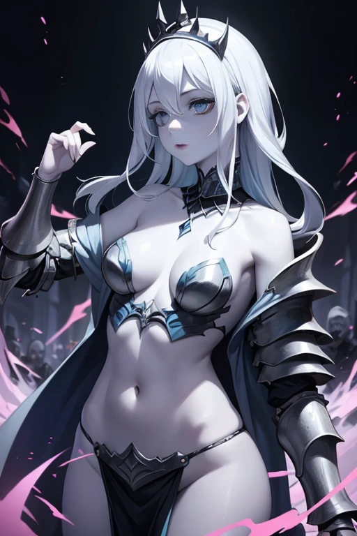 Pale blue skinned, undead Queen, cut throat, small breasts, beautiful girl, chaotic armor,