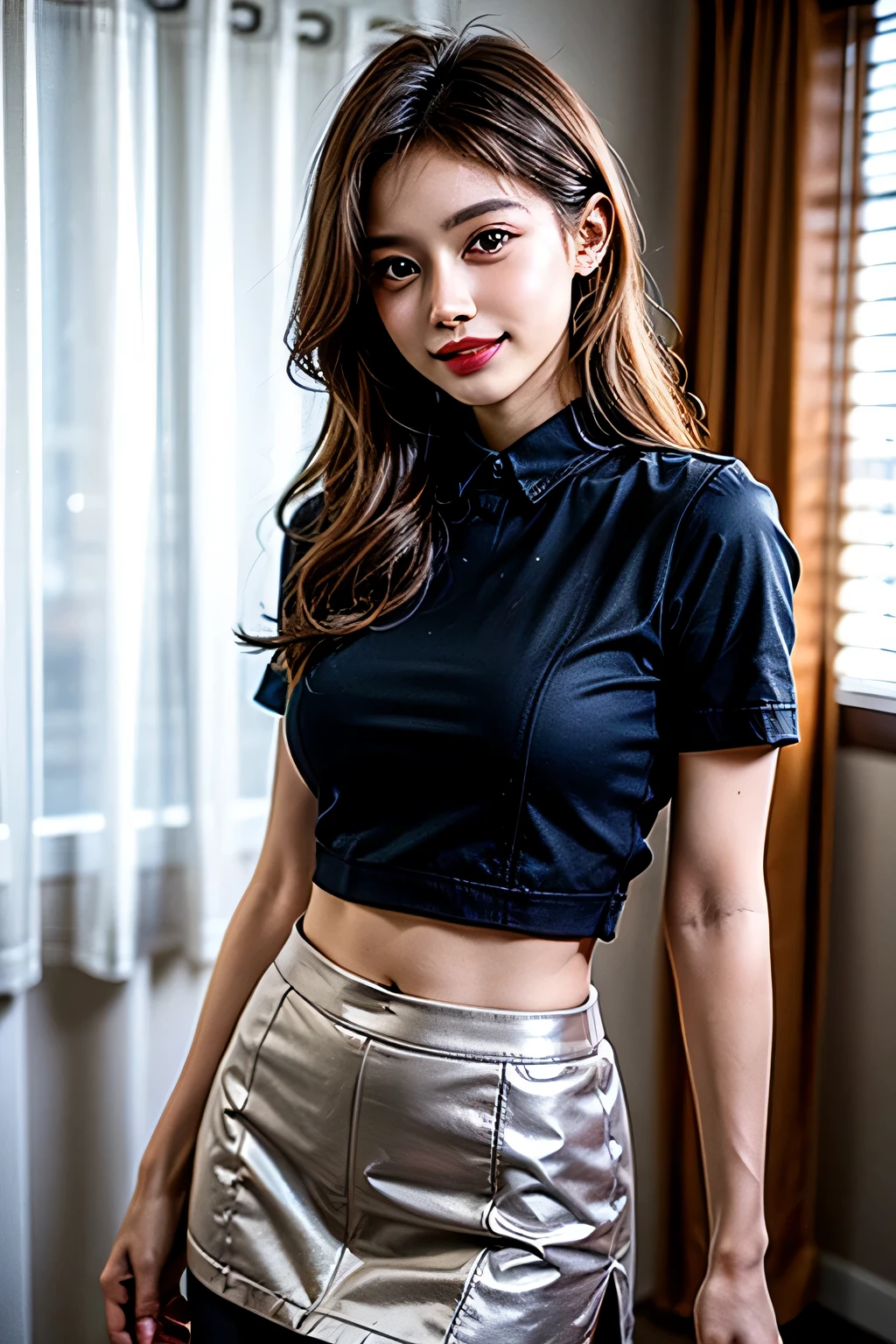 japanaese girl, (top-quality:1.4),(masterpiece:1.3),(Crisp focus:1.2),(Photorealsitic:1.4),(Beautiful Women in Perfect Style:1.4),(drooing eyes:1.2),(Semi-long with bangs),The face is shining,fully body photo,(Reddening cheeks:1.3),Gray business suit,white shirt,open-shirt,cleavage of the breast,(Gray tight skirt:1.5),(Rear view:1.5),crouching down,