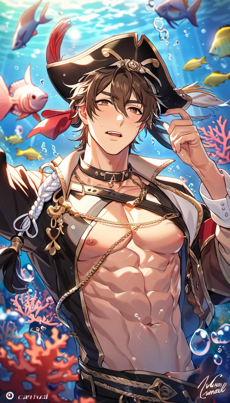 absurdres, highres, ultra detailed, HDR, master piece, best quality, perfect face, Eiden, brown hair, expressive brown eyes, Nu Carnival, solo, sexy man, handsome, lewd, horny, black hat, fantasy black pirate clothes, accessories, showing the chest, underwater, coral, fish, bubbles