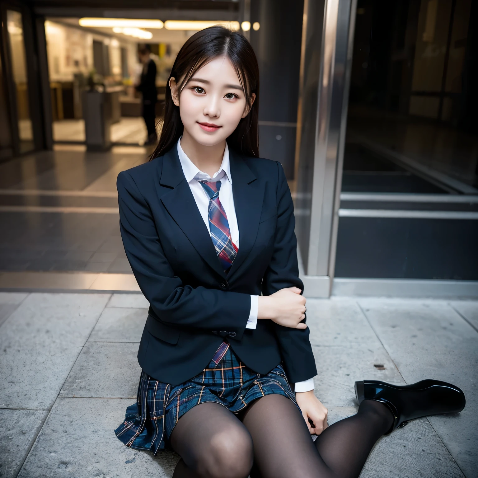 (8k), (highest quality: 1.2), (Realistic), (Realistic: 1.37), Ultra-high resolution, (1 girl), cute, smile, Mouth closed, Beautiful details, Beautiful Nose, Wet Hair, Giant Dulcefo, pork, Thighs，Self Snap,University uniform,simple blazer,Pleated skirt,(The pattern of the skirt and tie is a tartan check pattern....:1.3),(Sitting:1), Sitting on the ground in the city at night,(Hug your feet:1),opaque tights,From the side,From above