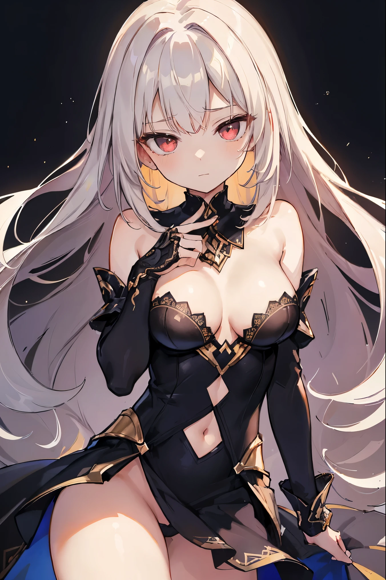 1girl, anime, cute girl, blank background, white background, fantasy, detailed fantasy dress with highlights, beautiful face, beautiful eyes, dark colors, black hair with multicolor streaks, red eye with different color pupil in eye, multicolor eye, medium small breasts (slightly big), slight cleavage, beautiful skin, cute, breast curtains, extremely delicate and beautiful, (beautiful detailed face:1.0), (detailed deep eyes), symmetrical breasts, deep eyes, shiny skin, portrait, slender waist, hips wider than shoulders, thighs, expressionless, young girl, luminous eyes, adorable,(Kpop idol),(aegyo sal:1),(Platinum blonde hair:1),((puffy eye)),Black panty,sexy posture,Superskirt, Ultra-high resolution,Black collar,slim figure, Abdominal y tattoo, womb tattoo,Tight-fitting leg ring,y tattoo on half-body,Bare skin, Armored hand,Hidden fingertips,Hand covered,Arm covered,Fist covered,{{beautiful detailed fingers}}, tufts of hair, moderate beautiful breast:1.0,(masterpiece:1.2), best quality, high-res, HDR, perfect face, intricate armor, delicate blue filigree, intricate filigree, red metalic parts, detailed part, dynamic pose, dynamic lights, cute face, neutral expression