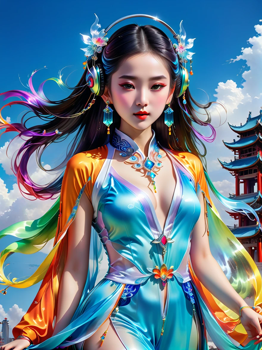 Tang Suit,Chinese Hanfu,Photo of a girl wearing colorful clothes,In a flowing surrealist style,shining,smooth,Accurate and realistic,Hard surface modeling,Precisionism,Light silver and sky blue,project,construction and design,Luminous headphones, Glowing Hair Accessories,Long hair,Luminous earrings,glow necklace,Cyberpunk,Transparent clothes,Rainbow Colors
