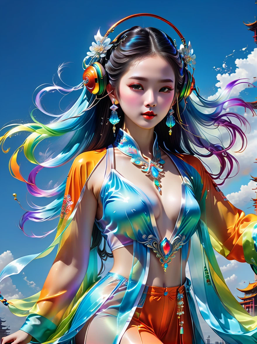 Tang Suit，Chinese Hanfu，Photo of a girl wearing colorful clothes，In a flowing surrealist style，shining，smooth，Accurate and realistic，Hard surface modeling，Precisionism，Light silver and sky blue，project，construction and design，Luminous headphones, Glowing Hair Accessories，Long hair，Luminous earrings，glow necklace，Cyberpunk，Transparent clothes，Rainbow Colors