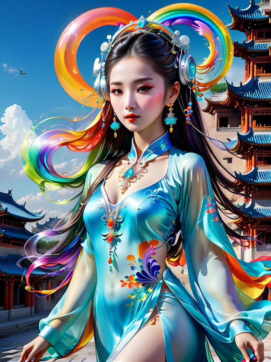 Tang Suit,Chinese Hanfu,Photo of a girl wearing colorful clothes,In a flowing surrealist style,shining,smooth,Accurate and realistic,Hard surface modeling,Precisionism,Light silver and sky blue,project,construction and design,Luminous headphones, Glowing Hair Accessories,Long hair,Luminous earrings,glow necklace,Cyberpunk,Transparent clothes,Rainbow Colors