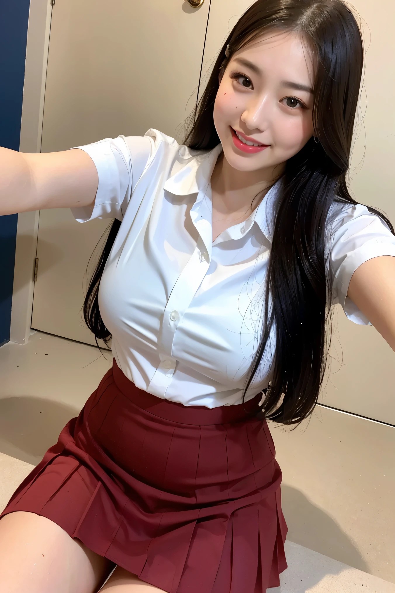 (8k), (highest quality: 1.2), (Realistic), (Realistic: 1.37), Ultra-high resolution, 1 girl, cute, smile, Mouth closed, (Red Lip),Beautiful details, Beautiful Nose, whole body, Wet Hair, Giant Dulcefo, pork, , Oily thighs,Selfie,,White short-sleeved shirt,(Navy Pleated Skirt),School,(Red cheeks),