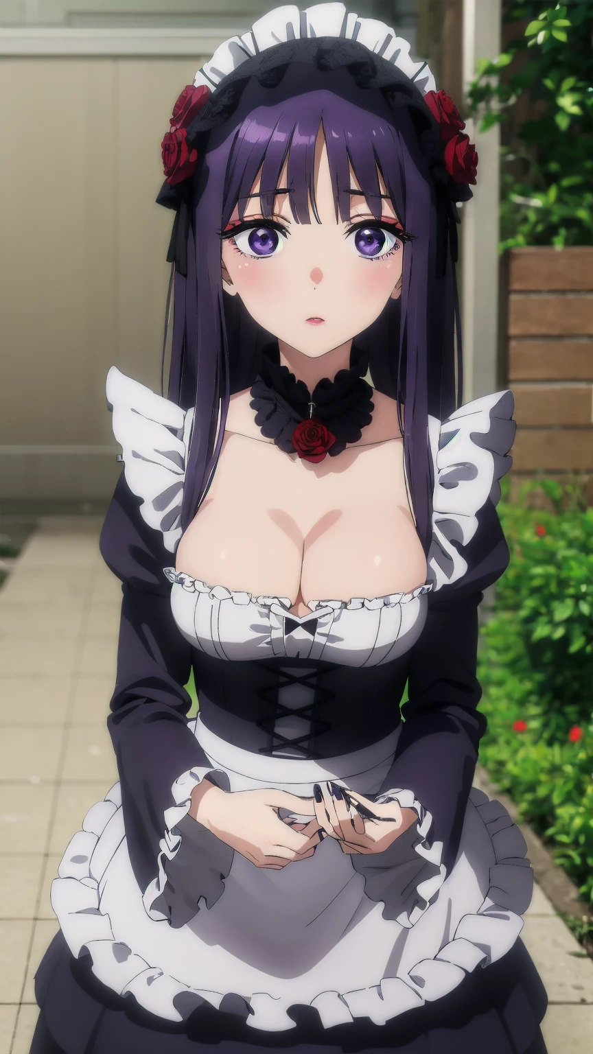 (((Pixel Perfect, Perfect detail))), One girl, alone, Shizuku Kuroe, headdress, maid headdress, bangs, hair ornaments, Long sleeve, dress, Cleavage, (Purple eyes:1.1), Purple Hair, flower, Frills, tie, hair flower, Wide sleeves, blunt bangs, Manicure, black dress, collar, Cosplay, compensate, detached collar, Rose, Lock, frilled dress, lipstick, Frills袖, red flower, black tie, Leash, purple nails, Lock Leash, Outdoor, whole body