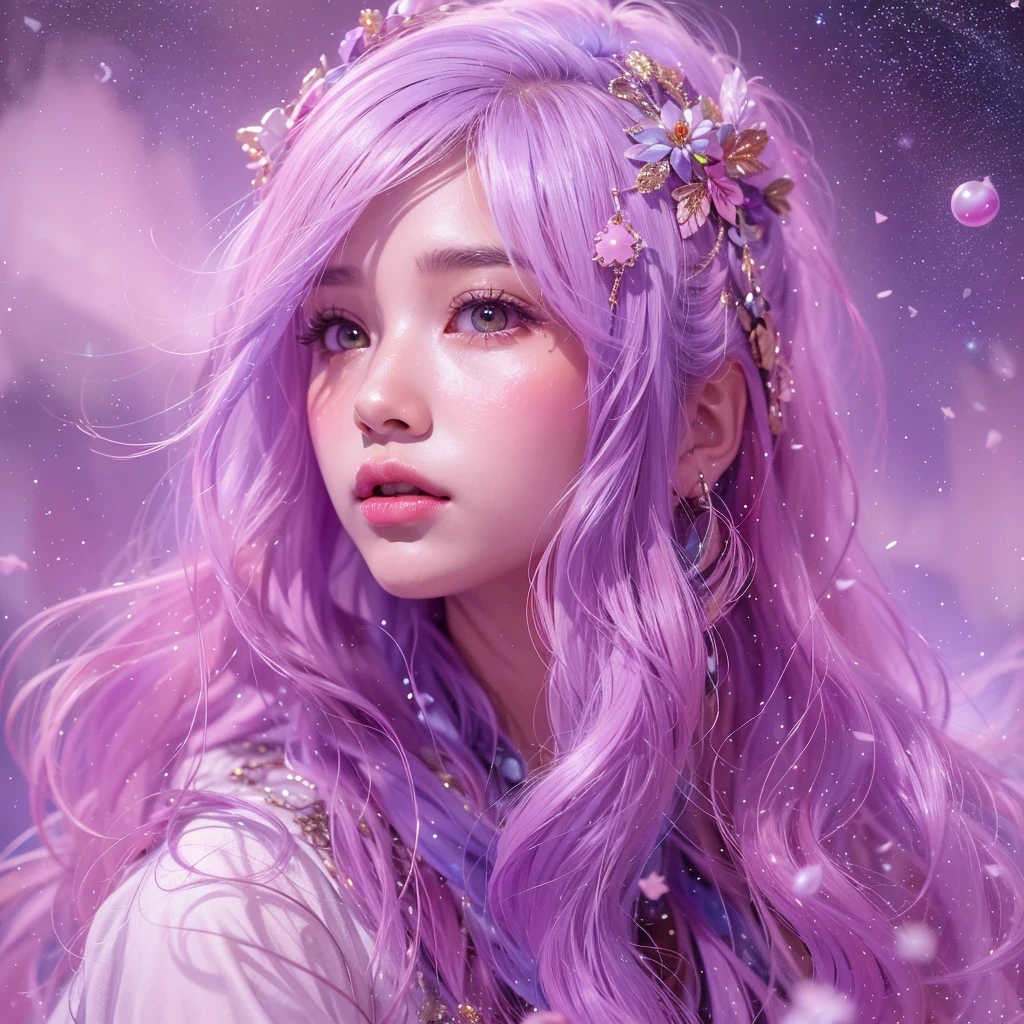 （（（Single eyelid）））Snow hoop exclusion area 32K（tmasterpiece，k hd，hyper HD，32K）Long flowing purple-pink hair，Autumn Pond，zydink， a color， Tongzhou people （Girl with glowing eyes）， （Thin silk scarf）， Side squat position， looking at the ground， long whitr hair， Floating hair， Python headdress， Chinese long-sleeved clothing， （abstract ink splash：1.2）， white backgrounid，Lotus protector（realisticlying：1.4），Purple-pink hair，Snowflakes fluttering，The background is pure， A high resolution， the detail， RAW photogr， Sharp Re， Nikon D850 Film Stock Photo by Jefferies Lee 4 Kodak Portra 400 Camera F1.6 shots, Rich colors, ultra-realistic vivid textures, Dramatic lighting, Unreal Engine Art Station Trend, cinestir 800，Long flowing purple-pink hair，((masterpiece)). This artwork is sweet, dreamy and ethereal, with soft pink watercolor hues and candy accents. Generate a delicate and demure fae exploring a (bubblegum world with a wide variety of pastel shades). Her sweet face is extremely detailed and realistic with elegant features and a fierce expression, and looks like ((((naomi scott)))). Include mature features and stunning, highly realistic eyes. Her eyes are important and should be realistic, highly detailed, and beautiful. In high definition and detail, include lots of details like stars, galaxies, colorful bubbles, colorful petals, and lots of energy and emotion! The stars and colorful bubblegum bubbles are important! Include fantasy details, enhanced details, iridescence, colorful glittering wind, and pollen. Pay special attention to her face and make sure it is beautifully and realistically detailed. The image should be dreamy and ethereal.8k, intricate, elegant, highly detailed, majestic, digital photography