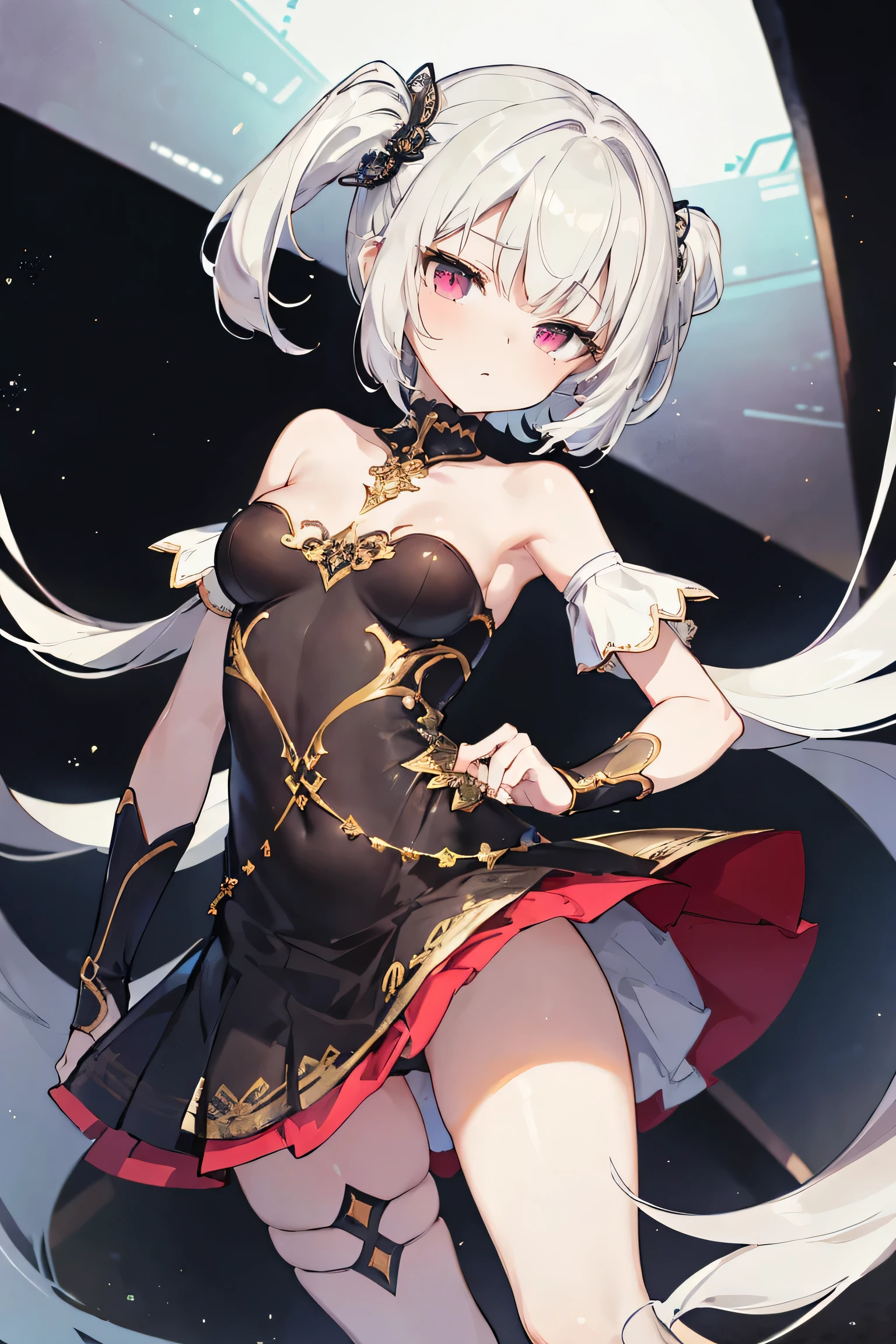 1girl, anime, cute girl, blank background, white background, fantasy, detailed fantasy dress with highlights, beautiful face, beautiful eyes, dark colors, black hair with multicolor streaks, red eye with different color pupil in eye, multicolor eye, medium small breasts (slightly big), slight cleavage, beautiful skin, cute, breast curtains, extremely delicate and beautiful, (beautiful detailed face:1.0), (detailed deep eyes), symmetrical breasts, deep eyes, shiny skin, portrait, slender waist, hips wider than shoulders, thighs, expressionless, young girl, luminous eyes, adorable,(Kpop idol),(aegyo sal:1),(Platinum blonde hair:1),((puffy eye)),Black panty,sexy posture,Superskirt, Ultra-high resolution,Black collar,slim figure, Abdominal y tattoo, womb tattoo,Tight-fitting leg ring,y tattoo on half-body,Bare skin, Armored hand,Hidden fingertips,Hand covered,Arm covered,Fist covered,{{beautiful detailed fingers}}, tufts of hair, moderate beautiful breast:1.0,(masterpiece:1.2), best quality, high-res, HDR, perfect face, intricate armor, delicate blue filigree, intricate filigree, red metalic parts, detailed part, dynamic pose, dynamic lights, cute face, neutral expression